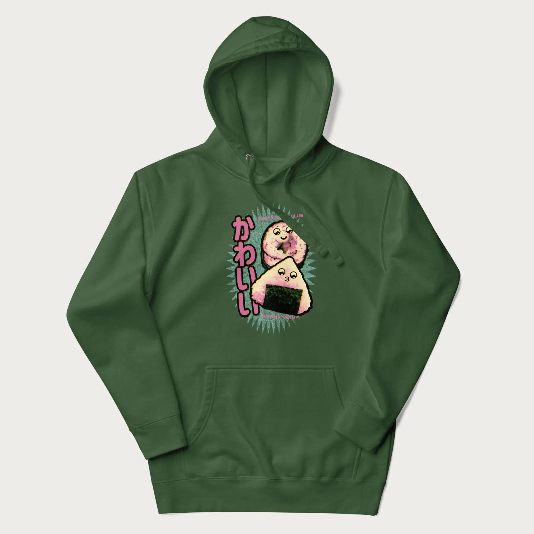 Forest green hoodie featuring a cute sushi and onigiri graphic with the text "Kawaii Sushi Club", colorful neon accents and Japanese characters.