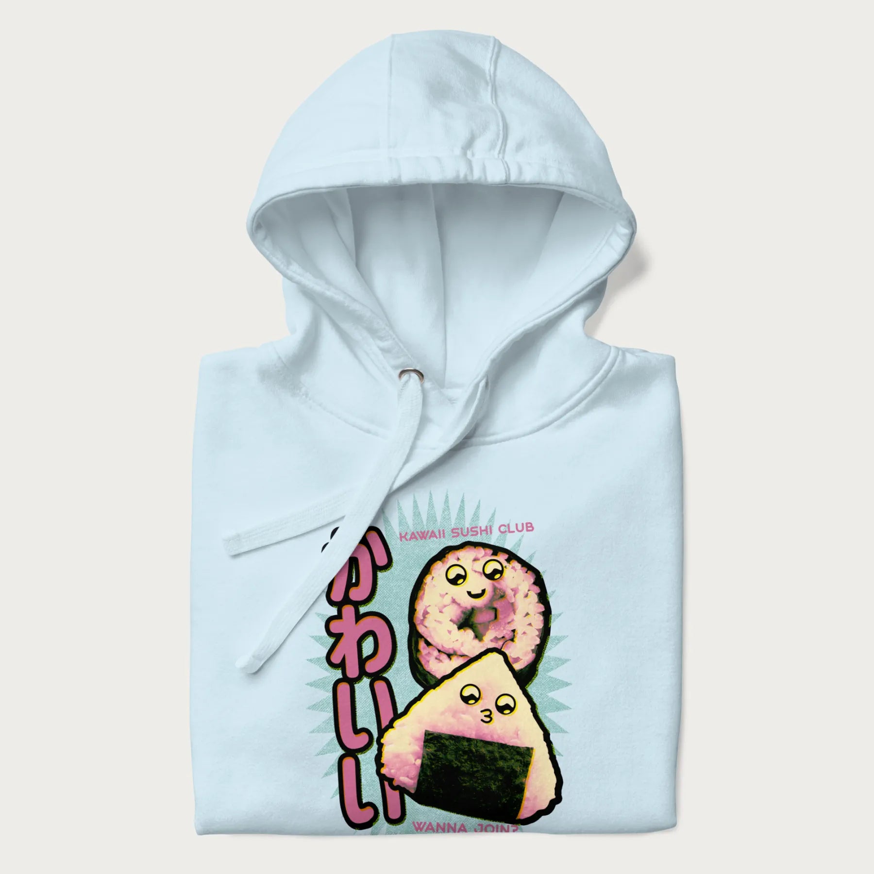 Folded light blue hoodie featuring a cute sushi and onigiri graphic with the text "Kawaii Sushi Club", colorful neon accents and Japanese characters.