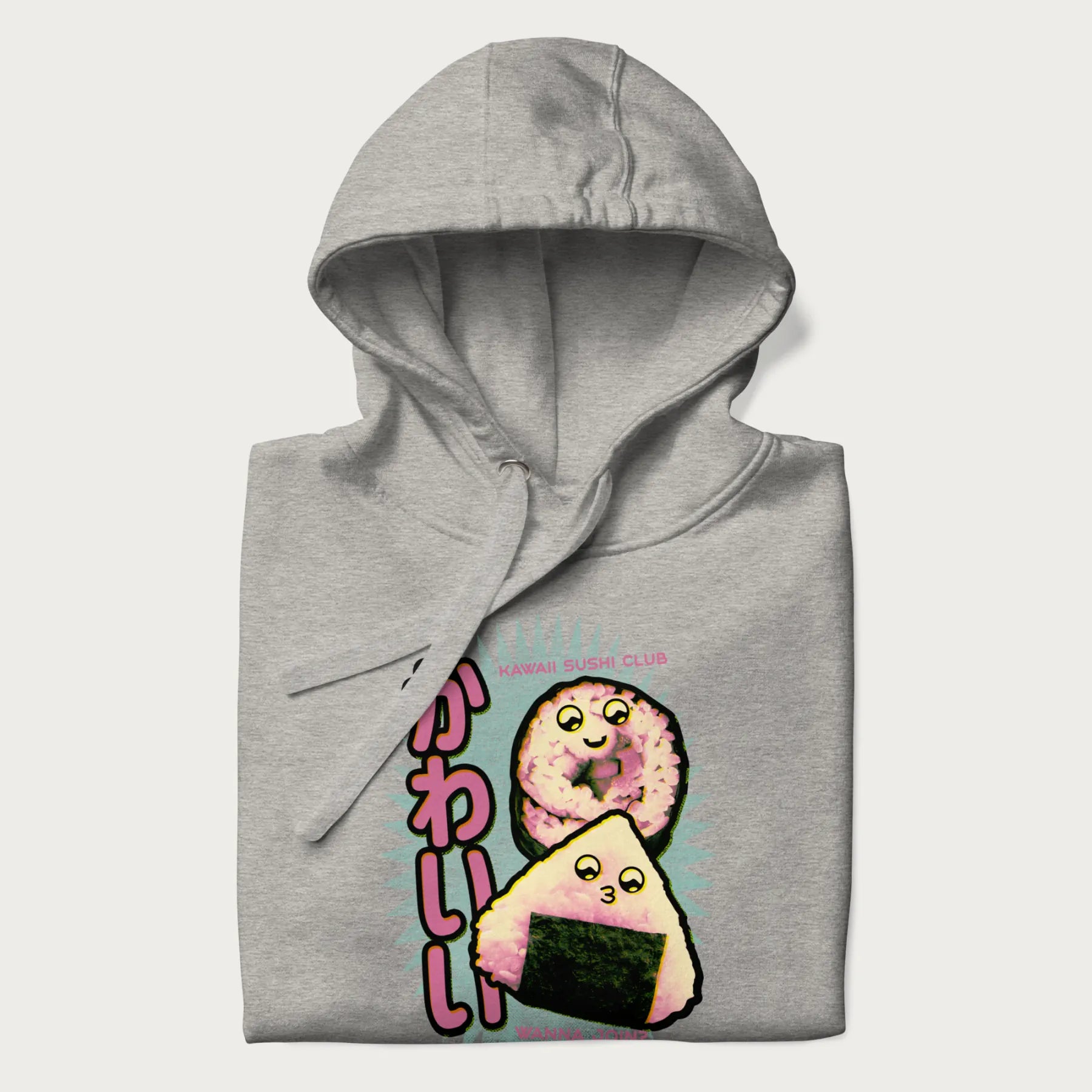 Folded light grey hoodie featuring a cute sushi and onigiri graphic with the text "Kawaii Sushi Club", colorful neon accents and Japanese characters.