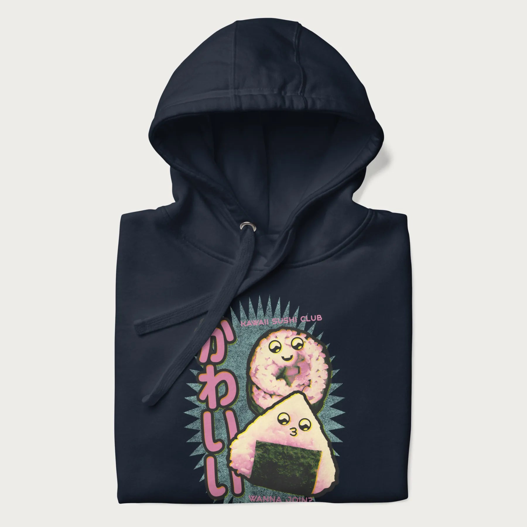 Folded navy blue hoodie featuring a cute sushi and onigiri graphic with the text "Kawaii Sushi Club", colorful neon accents and Japanese characters.
