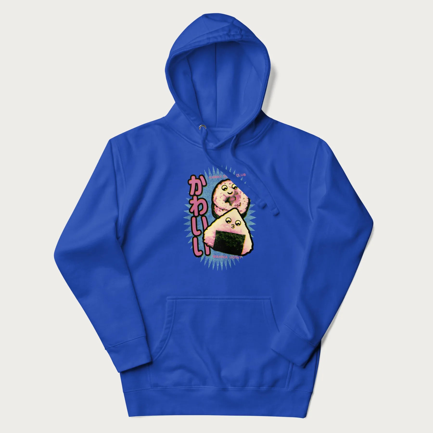 Royal blue hoodie featuring a cute sushi and onigiri graphic with the text "Kawaii Sushi Club", colorful neon accents and Japanese characters.