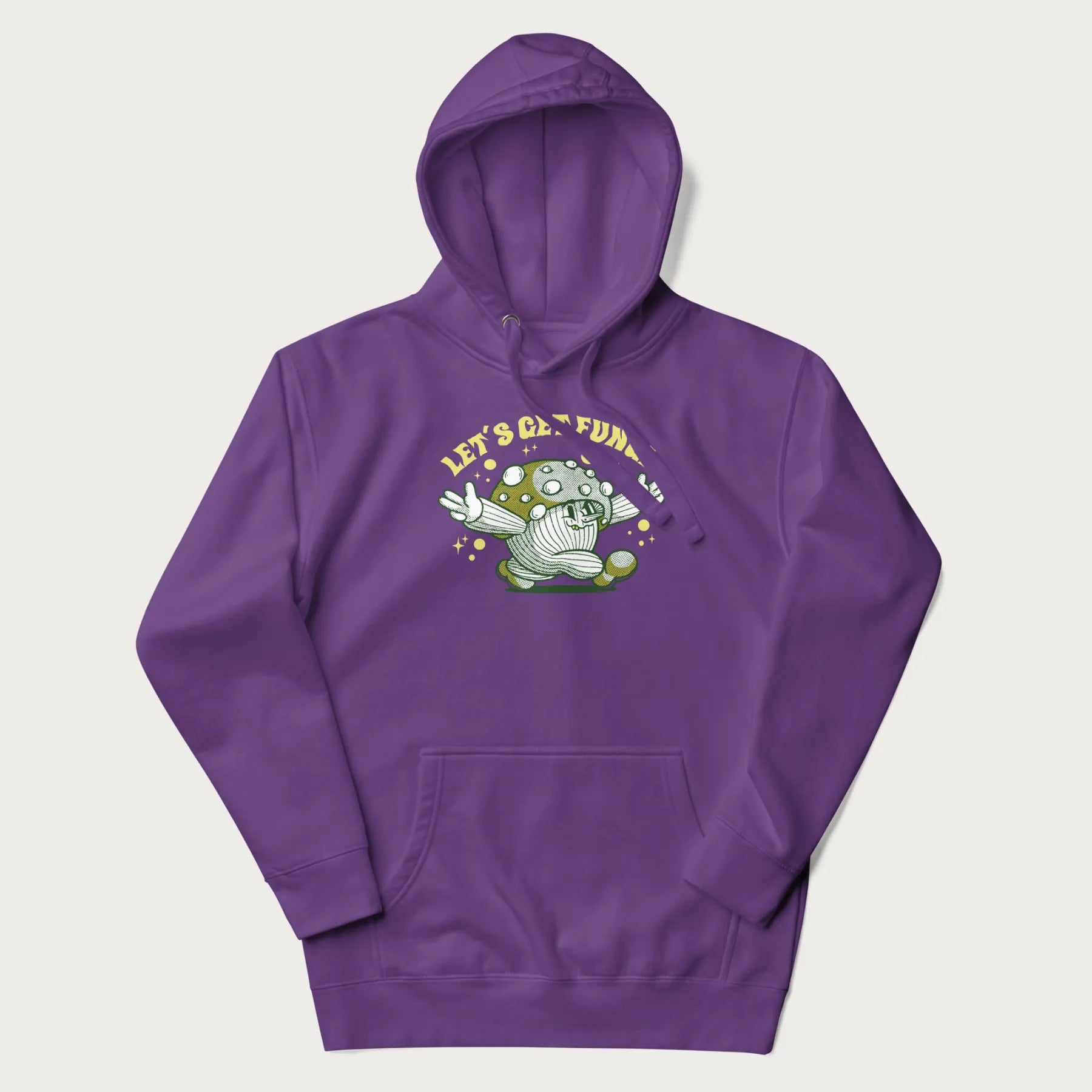 Purple hoodie with a retro-inspired graphic of a mushroom mascot character and the text 'Let's Get Fungi'.