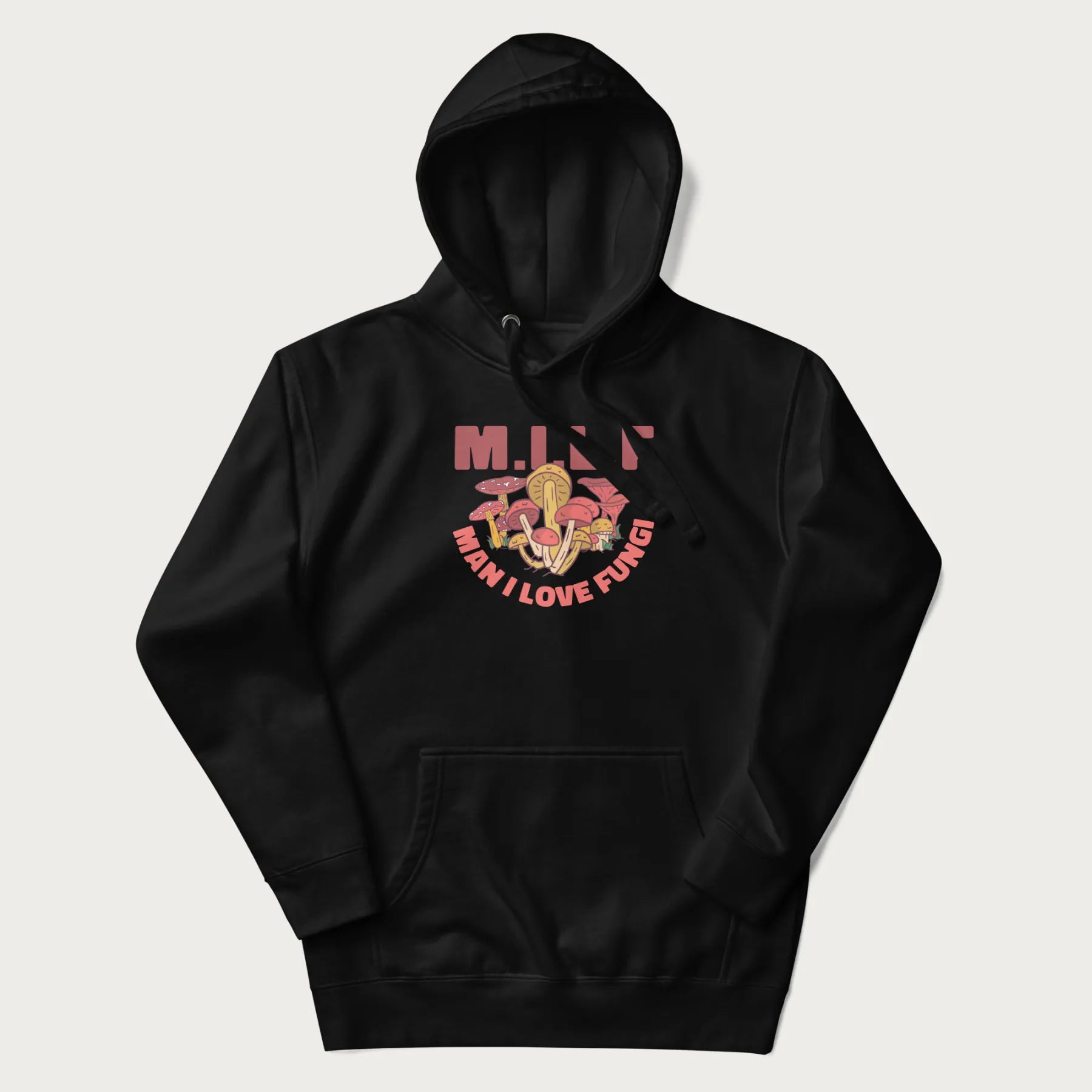 Black hoodie with a graphic of various mushrooms and the text 'M.I.L.F - Man I Love Fungi'.