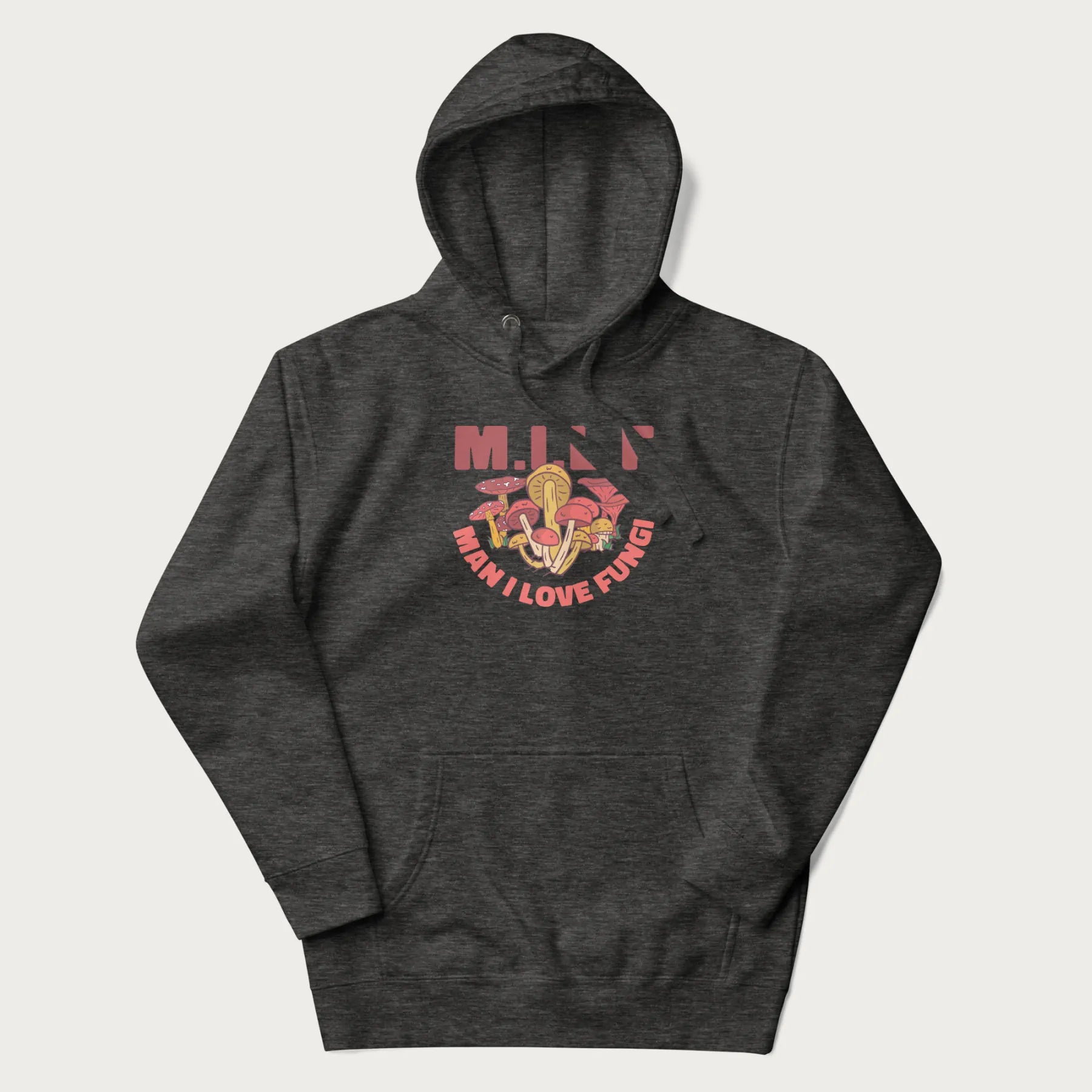 Dark grey hoodie with a graphic of various mushrooms and the text 'M.I.L.F - Man I Love Fungi'.