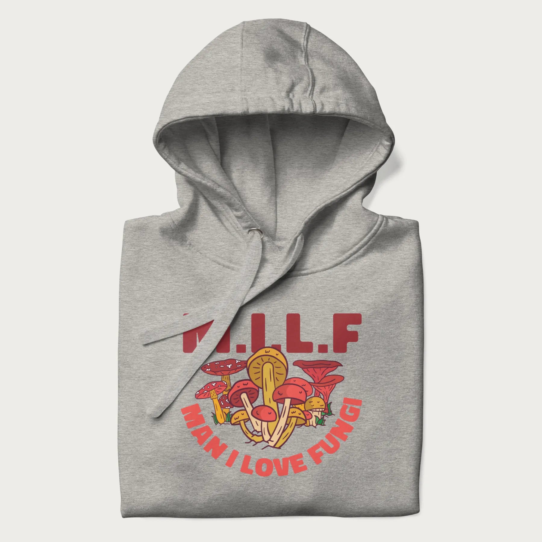 Folded light grey hoodie with a graphic of various mushrooms and the text 'M.I.L.F - Man I Love Fungi'.
