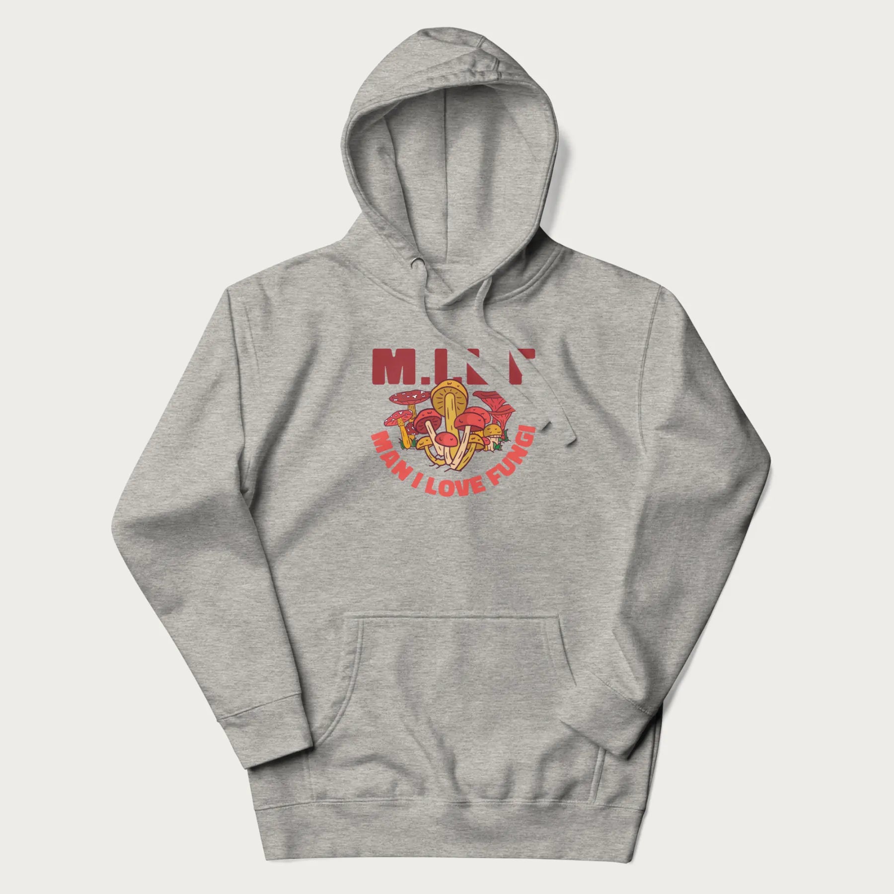 Light grey hoodie with a graphic of various mushrooms and the text 'M.I.L.F - Man I Love Fungi'.