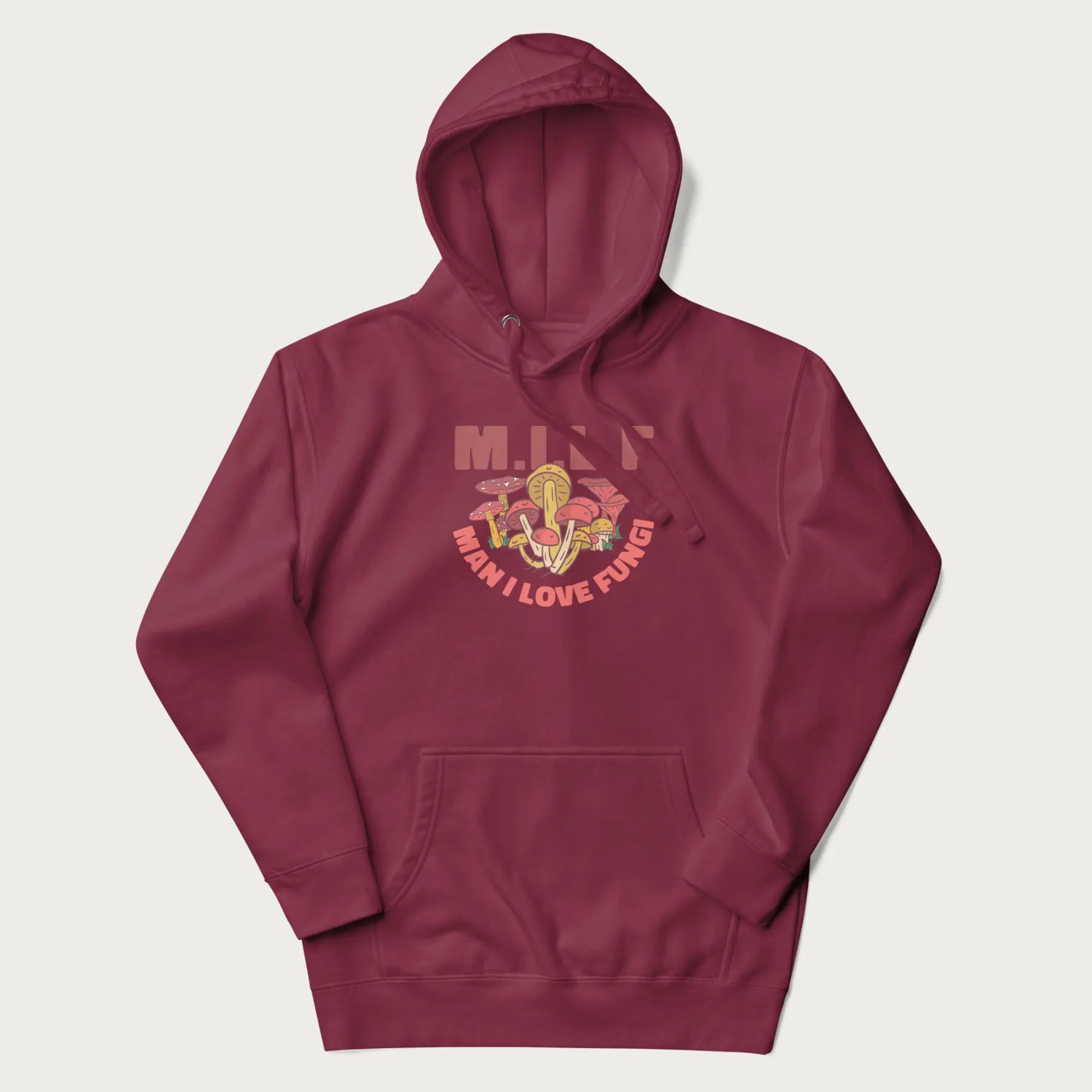 Maroon hoodie with a graphic of various mushrooms and the text 'M.I.L.F - Man I Love Fungi'.