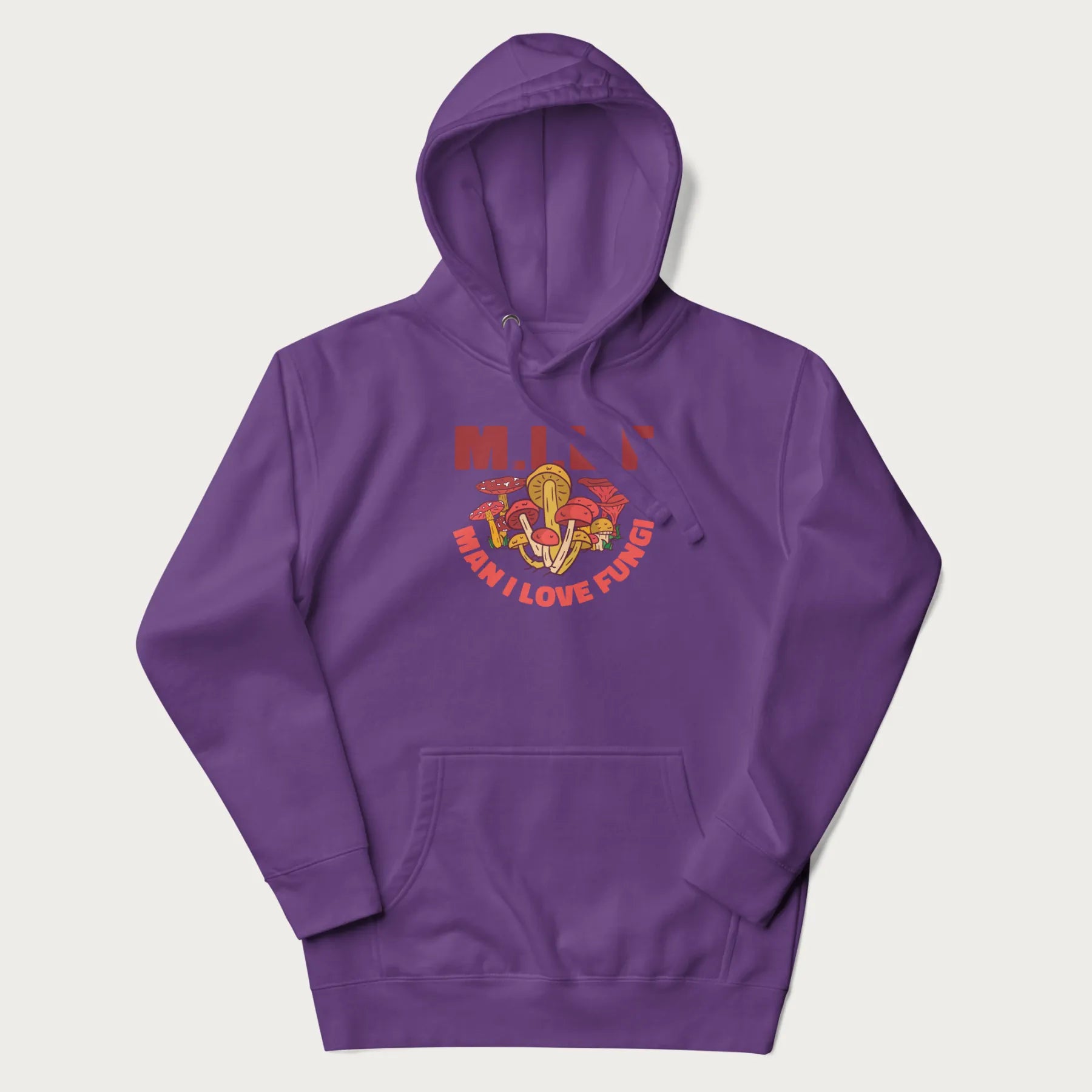 Purple hoodie with a graphic of various mushrooms and the text 'M.I.L.F - Man I Love Fungi'.