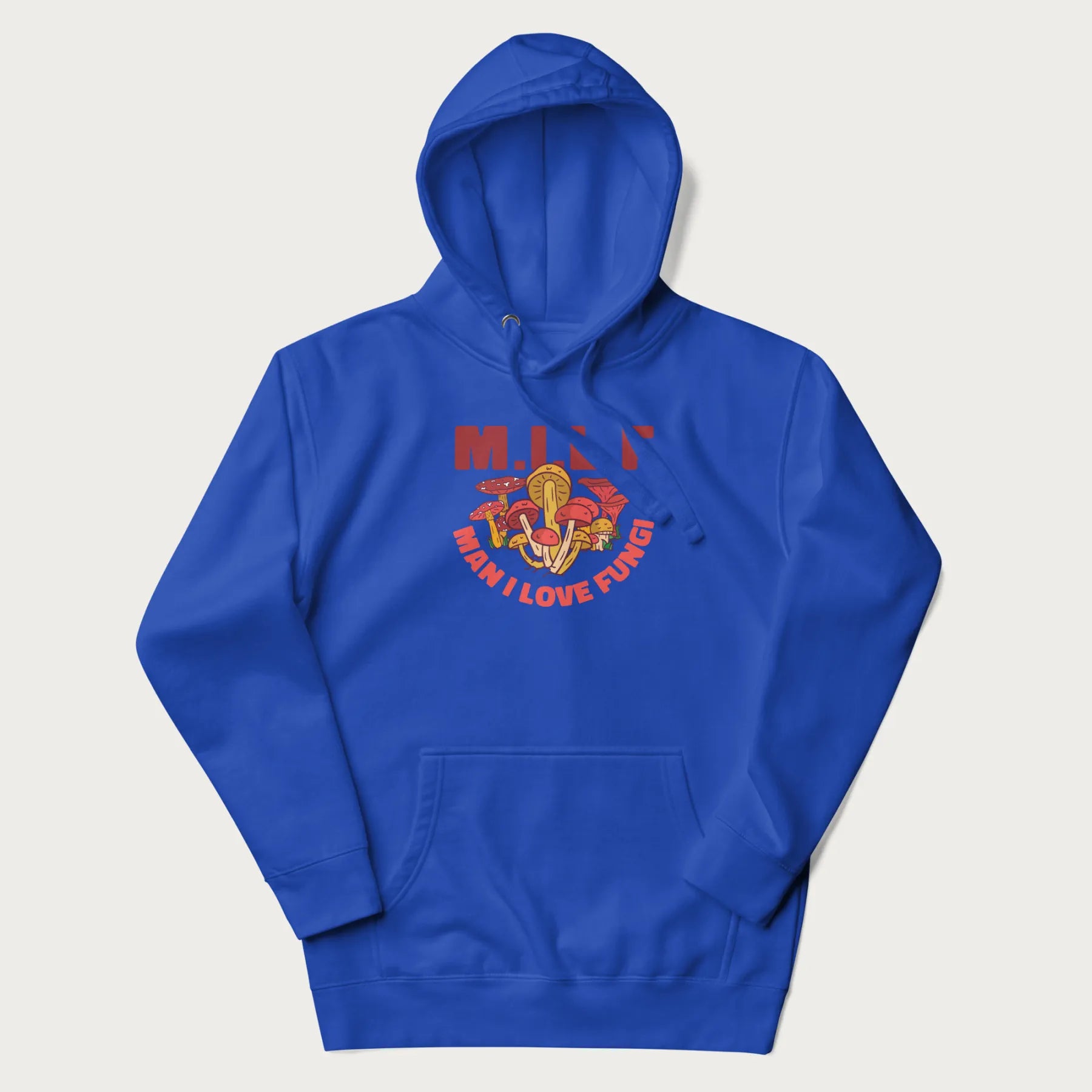 Royal blue hoodie with a graphic of various mushrooms and the text 'M.I.L.F - Man I Love Fungi'.