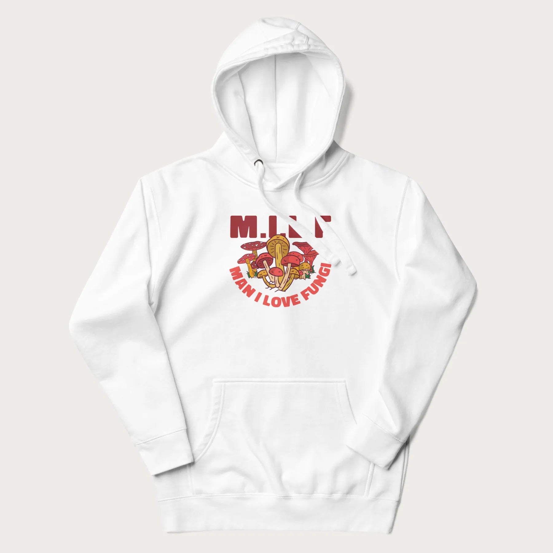 White hoodie with a graphic of various mushrooms and the text 'M.I.L.F - Man I Love Fungi'.