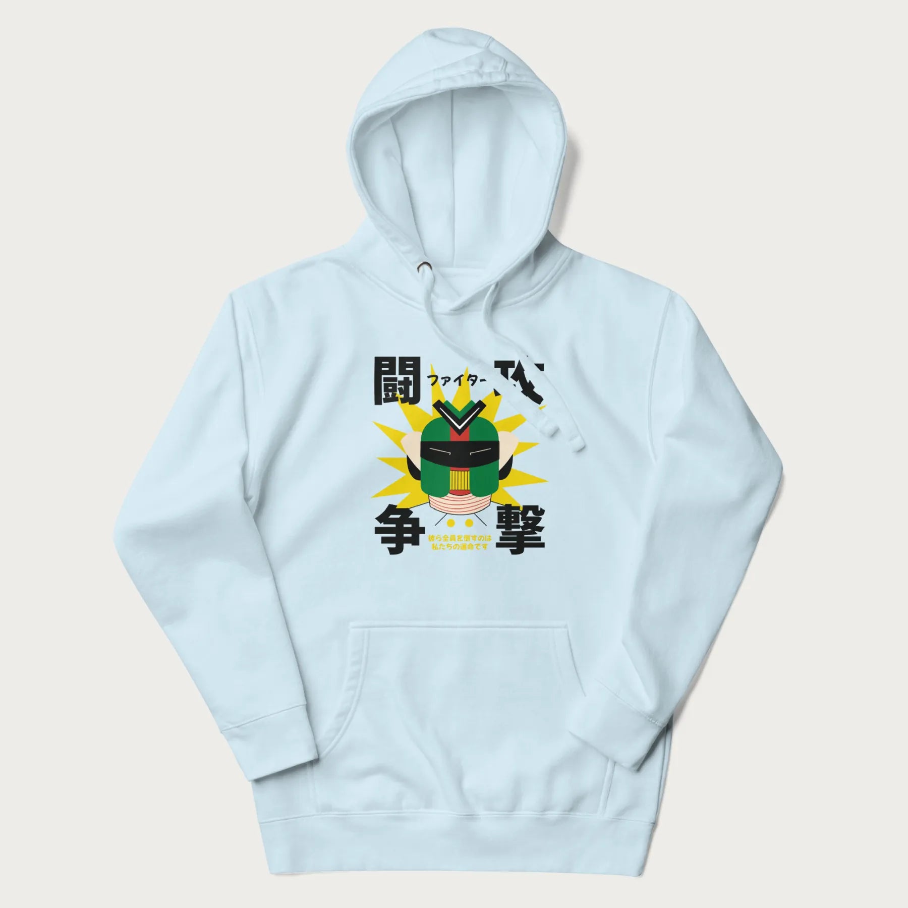 Light blue hoodie with retro graphic of a mecha warrior and Japanese text for "Fight," "Attack," "Conflict," and "Destiny to defeat them all".