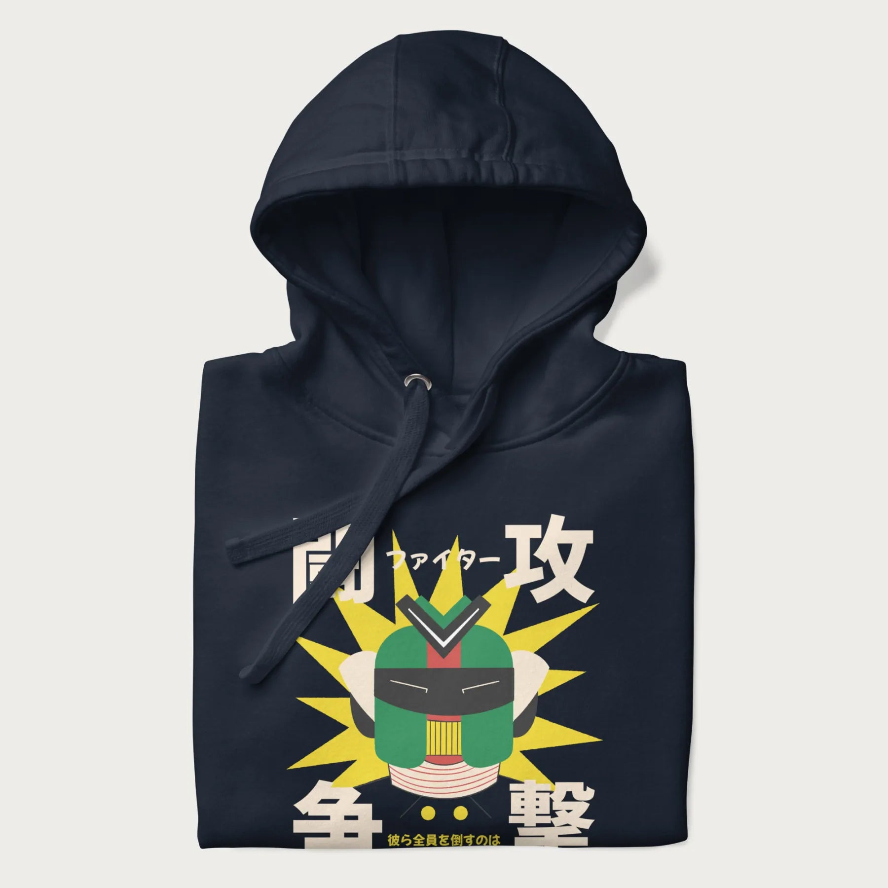 Folded navy blue hoodie with retro graphic of a mecha warrior and Japanese text for "Fight," "Attack," "Conflict," and "Destiny to defeat them all".