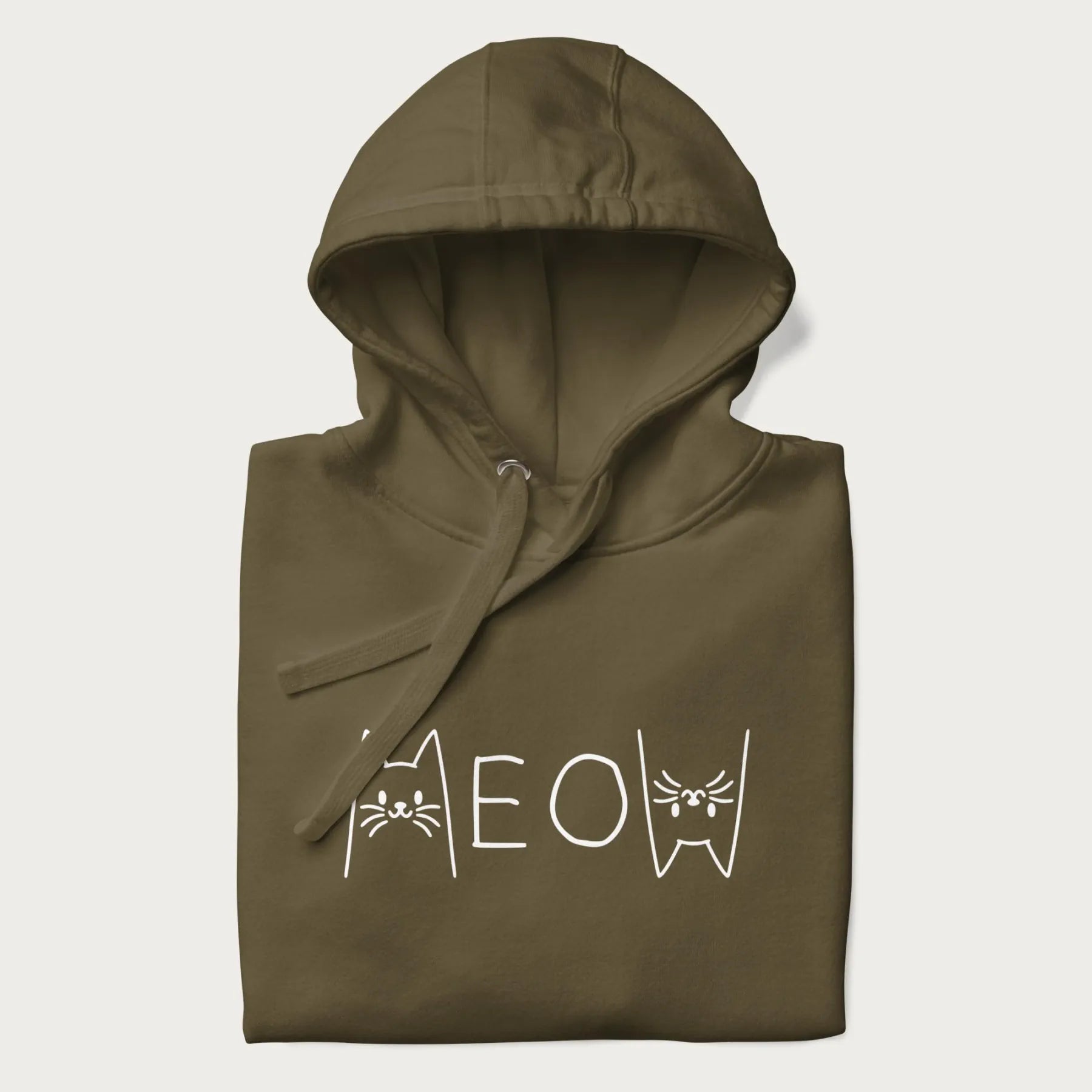 Folded military green meow hoodie with a simple 'MEOW' text and cute cat face graphics on the front.