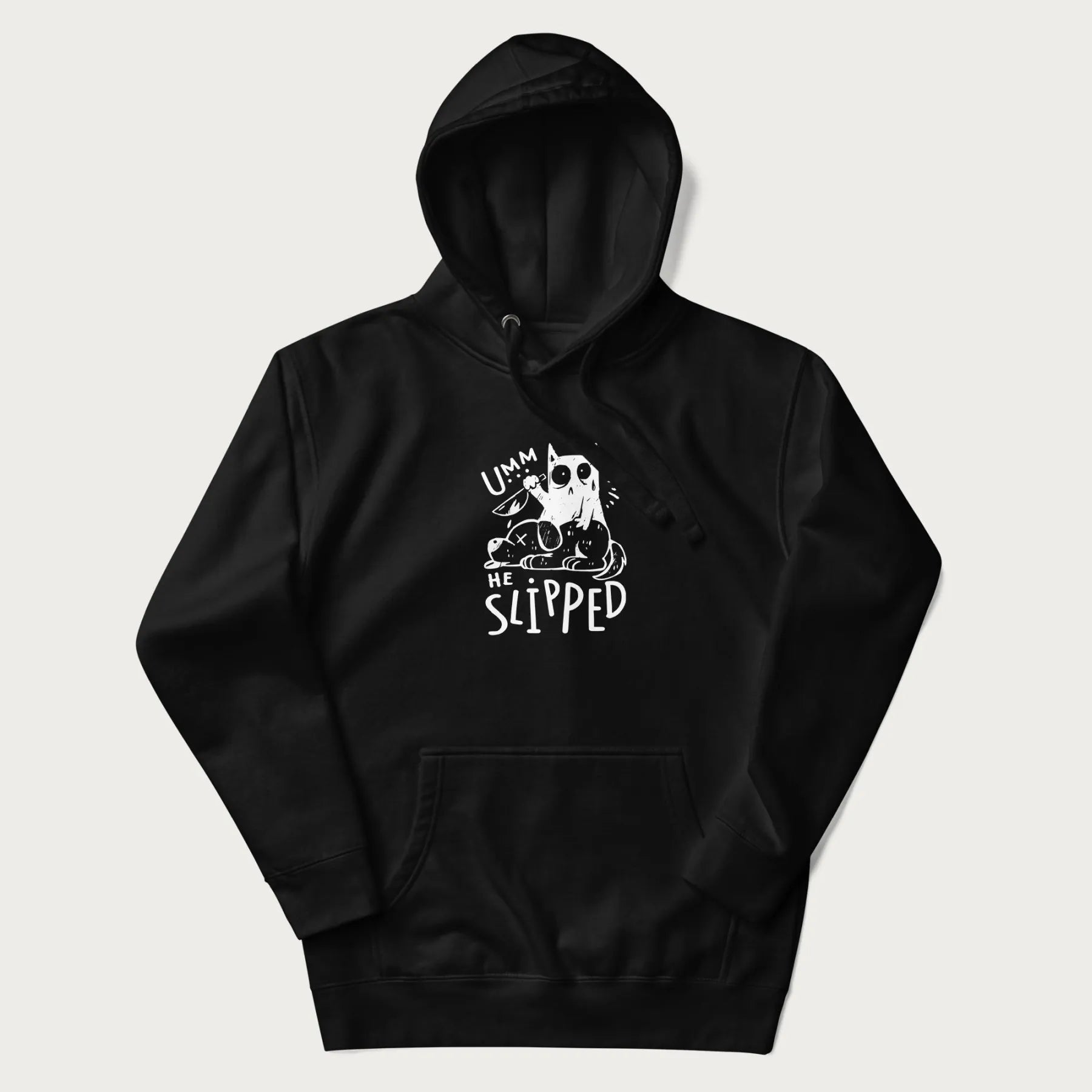 Black hoodie with a graphic of a white cat holding a knife over a dog with a funny phrase 'Umm, He Slipped'.