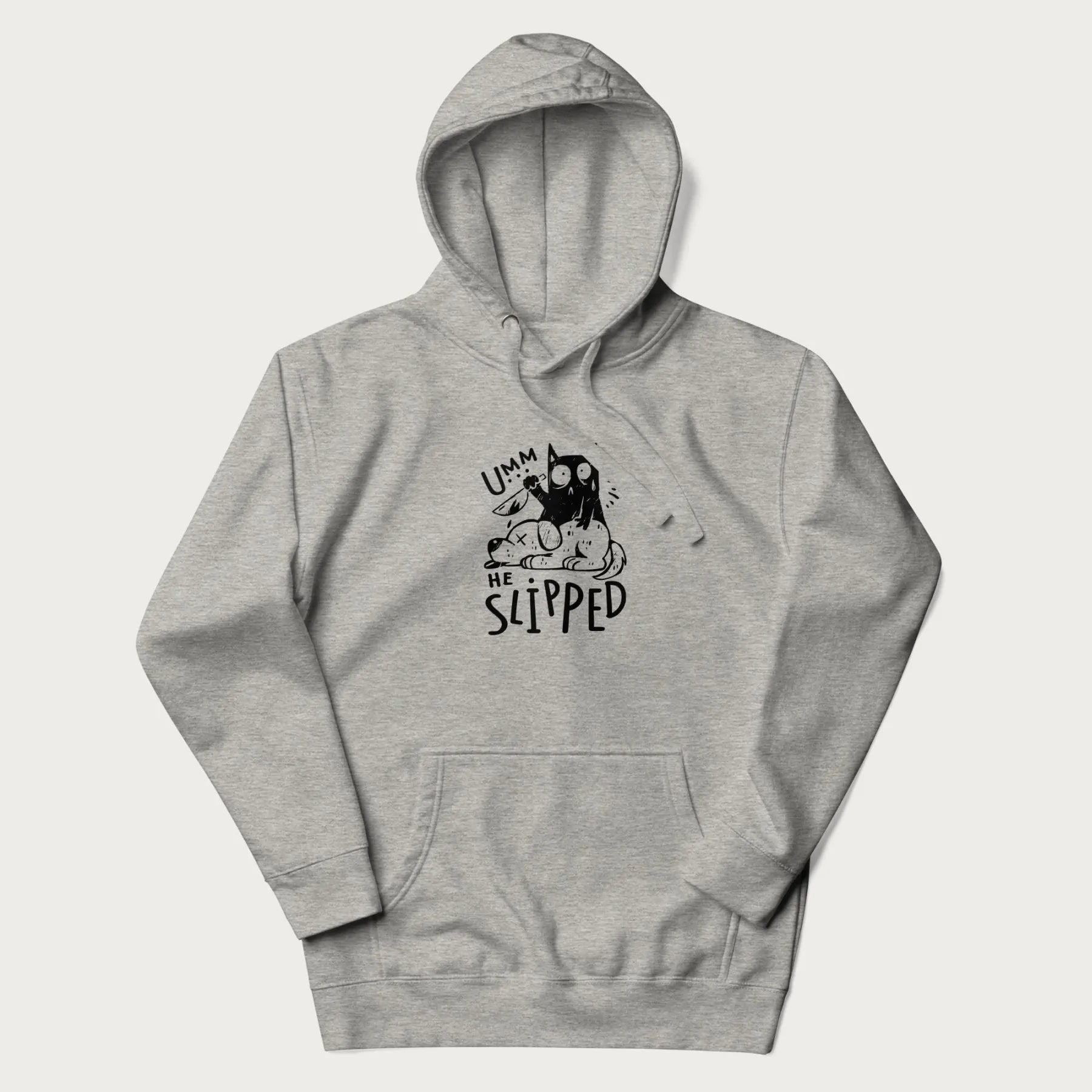 Light grey hoodie with a graphic of a black cat holding a knife over a dog with a funny phrase 'Umm, He Slipped'.