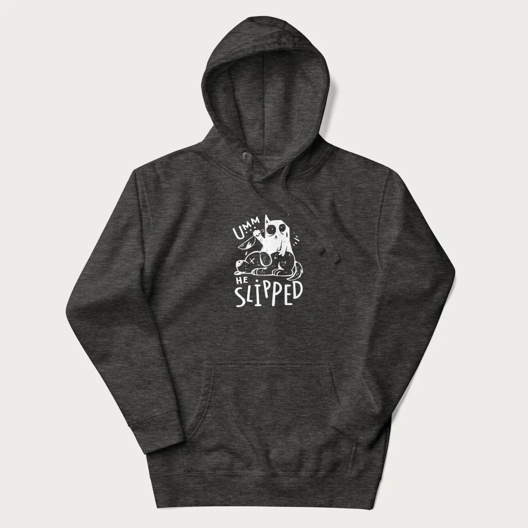 Dark grey hoodie with a graphic of a white cat holding a knife over a dog with a funny phrase 'Umm, He Slipped'.