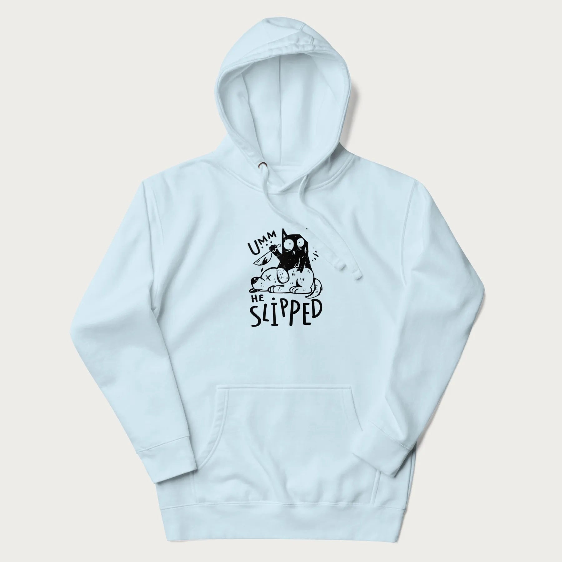 Light blue hoodie with a graphic of a black cat holding a knife over a dog with a funny phrase 'Umm, He Slipped'.