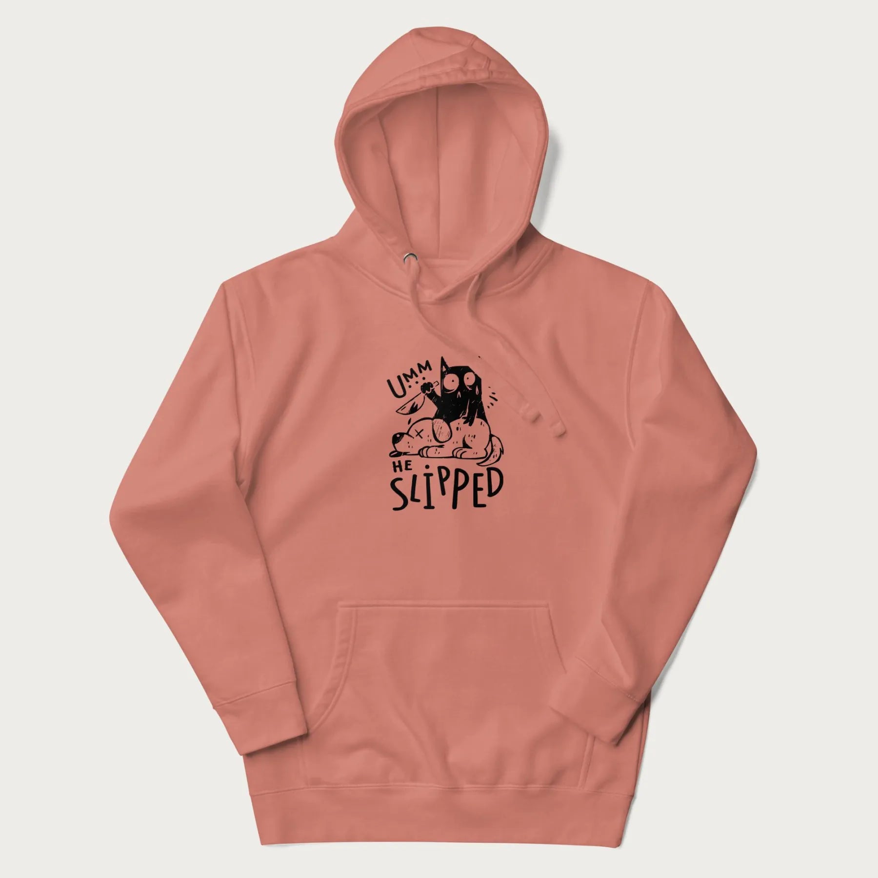 Light pink hoodie with a graphic of a black cat holding a knife over a dog with a funny phrase 'Umm, He Slipped'.