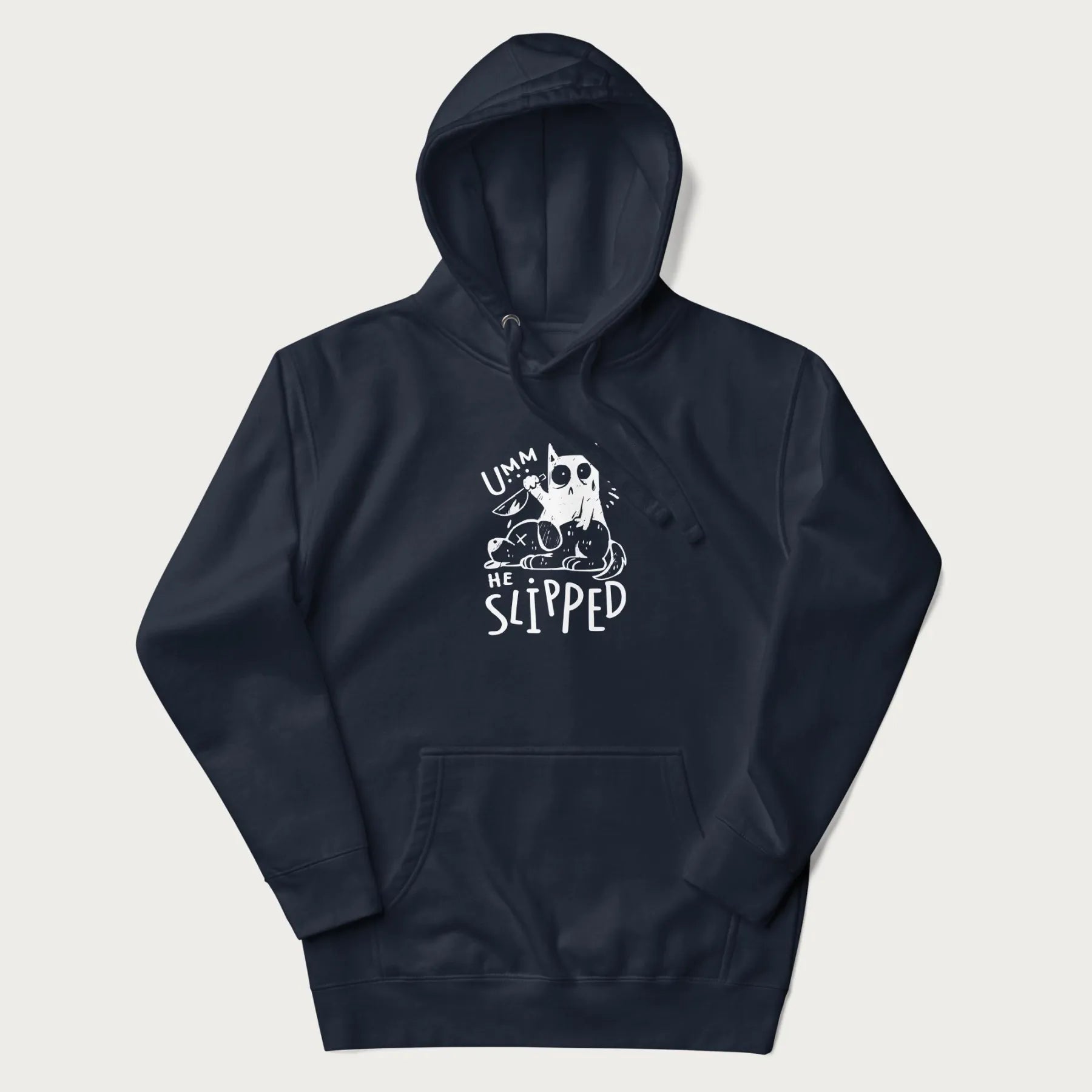Navy blue hoodie with a graphic of a white cat holding a knife over a dog with a funny phrase 'Umm, He Slipped'.