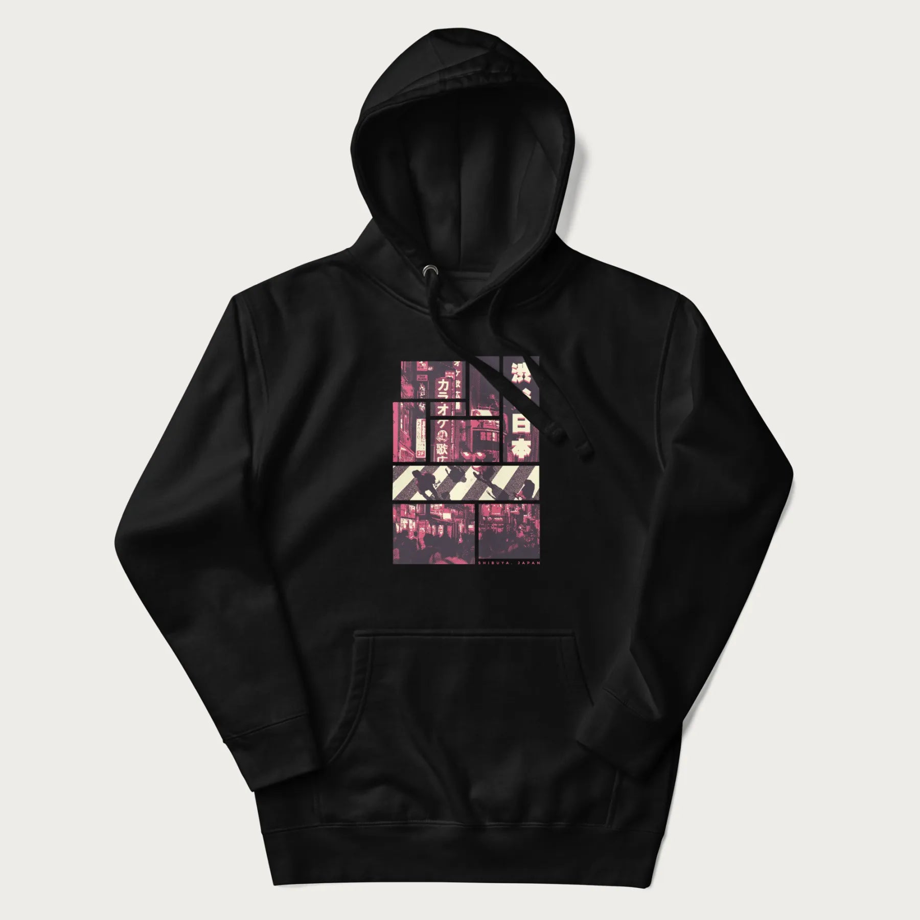 Black hoodie with Japanese graphic panels of Shibuya Crossing, Japanese text, and neon signs.