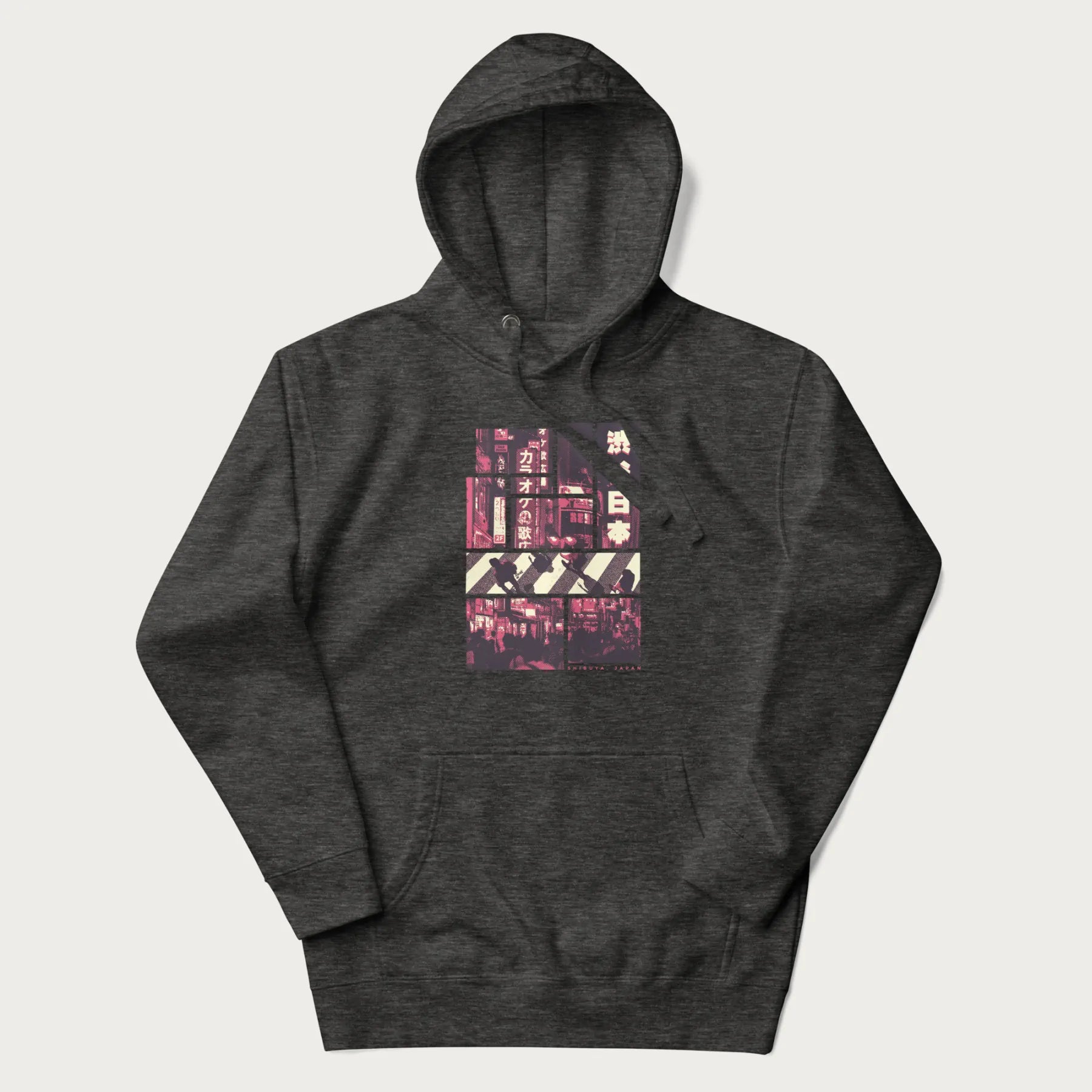 Dark grey hoodie with Japanese graphic panels of Shibuya Crossing, Japanese text, and neon signs.