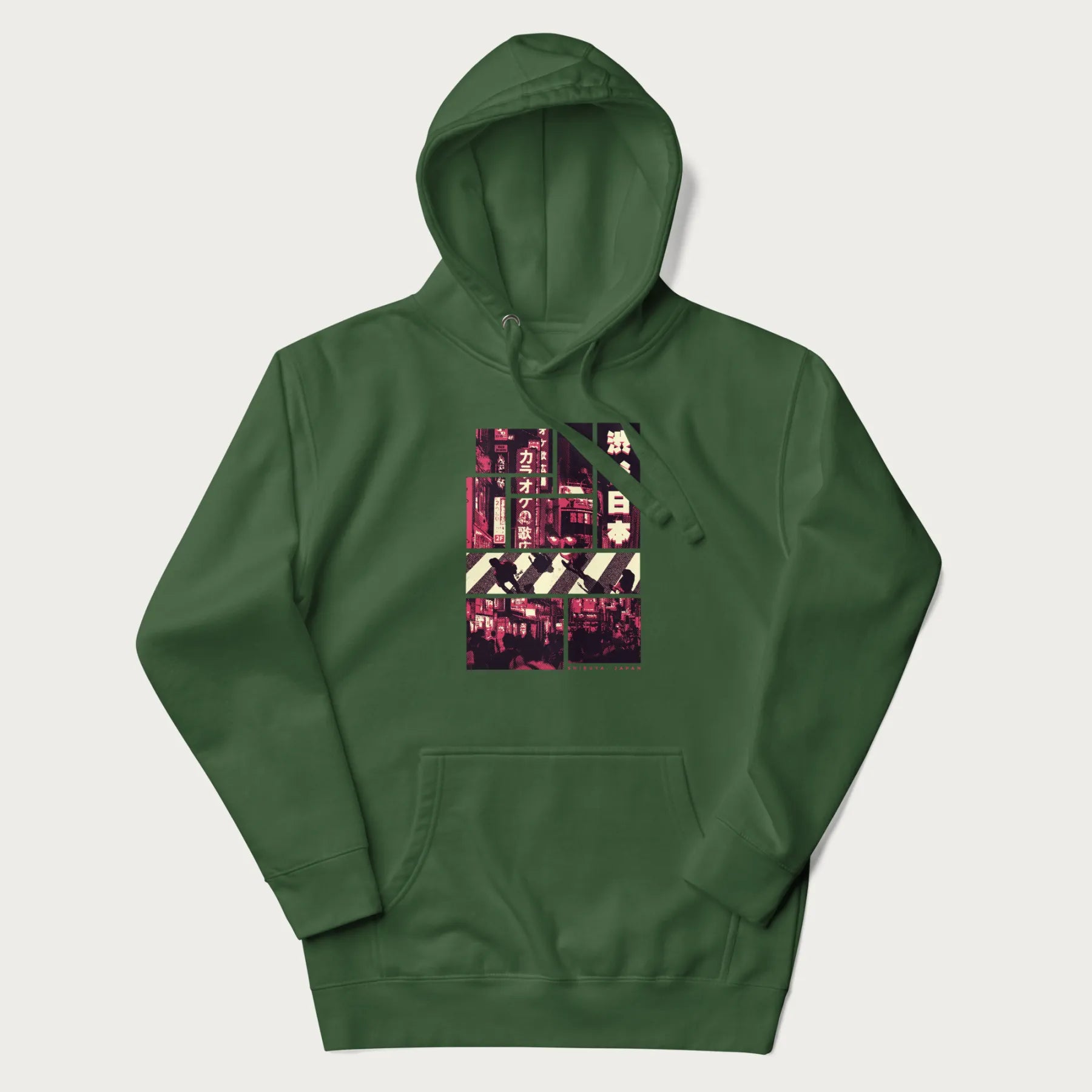 Forest green hoodie with Japanese graphic panels of Shibuya Crossing, Japanese text, and neon signs.