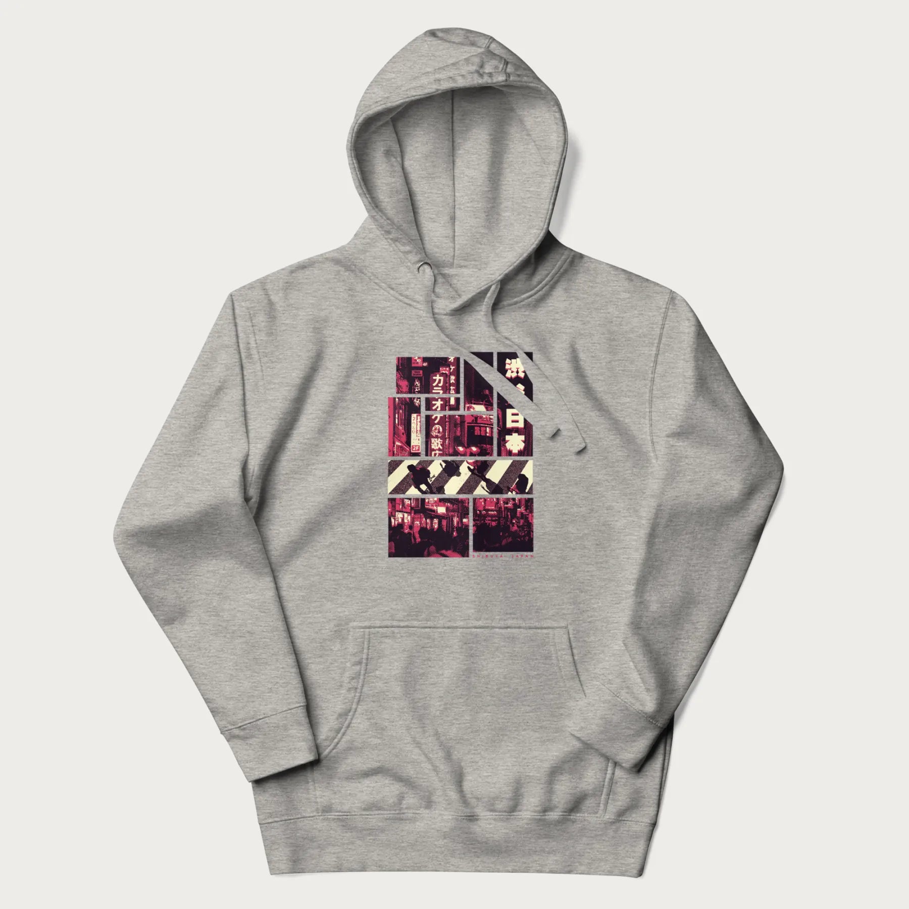 Light grey hoodie with Japanese graphic panels of Shibuya Crossing, Japanese text, and neon signs.