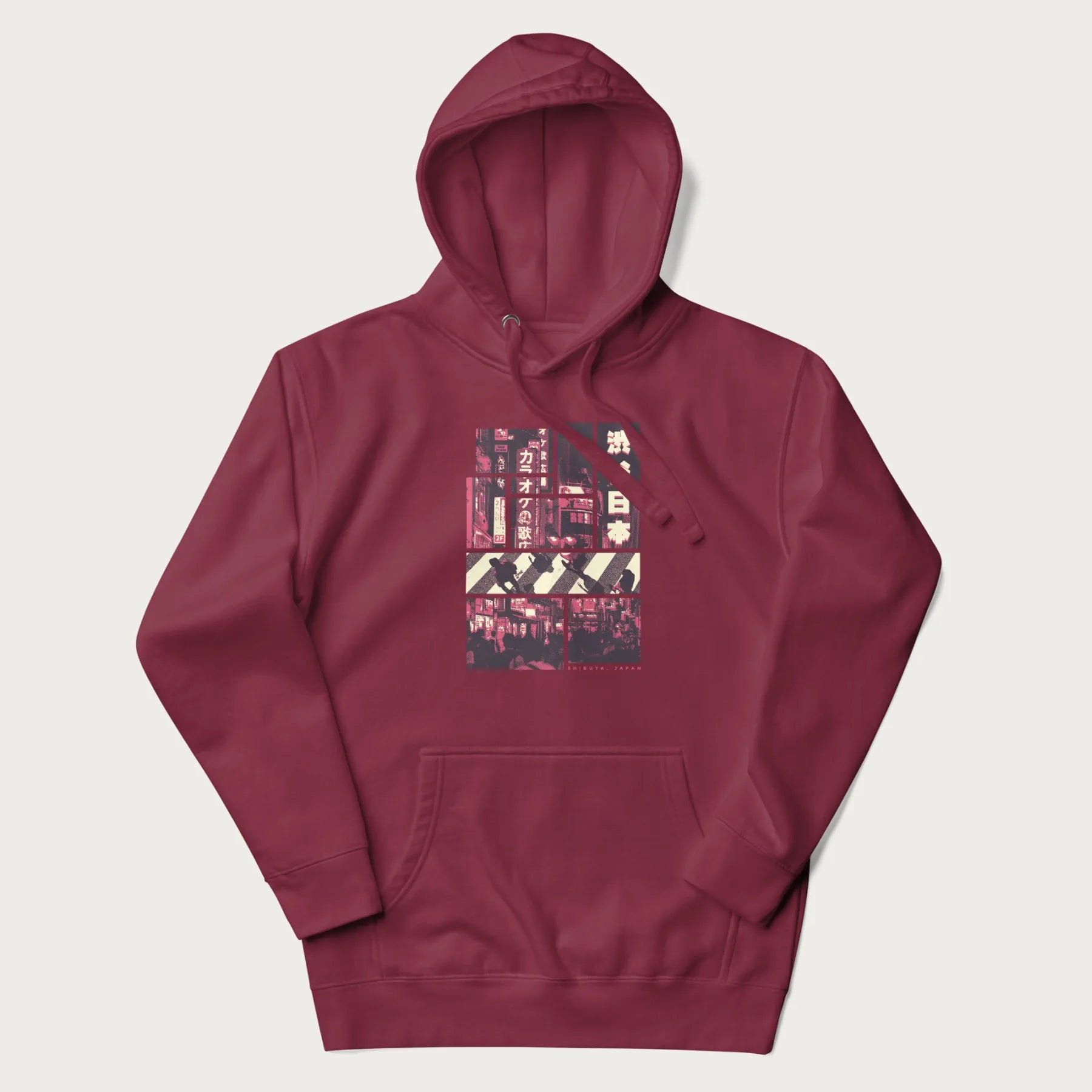 Maroon hoodie with Japanese graphic panels of Shibuya Crossing, Japanese text, and neon signs.