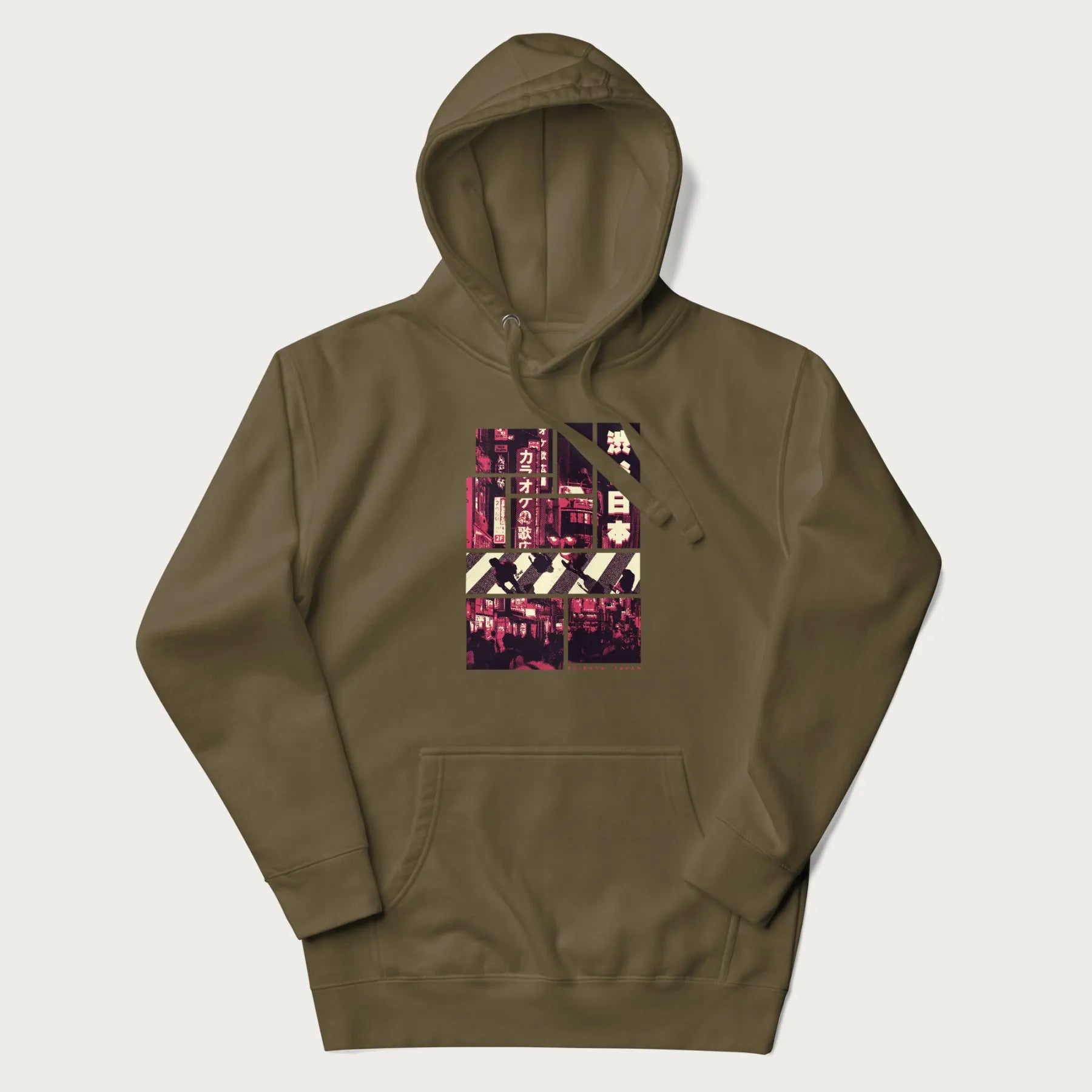 Military green hoodie with Japanese graphic panels of Shibuya Crossing, Japanese text, and neon signs.