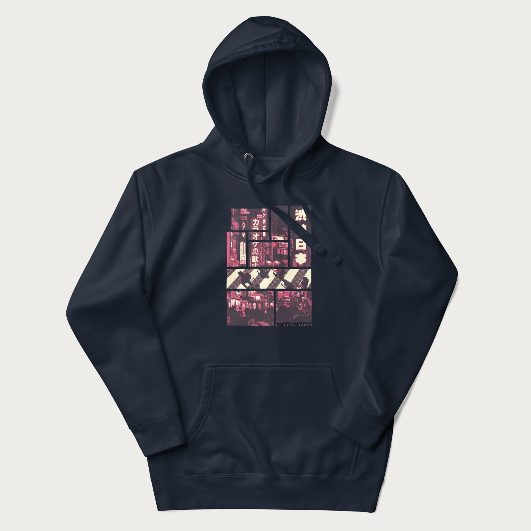Navy blue hoodie with Japanese graphic panels of Shibuya Crossing, Japanese text, and neon signs.