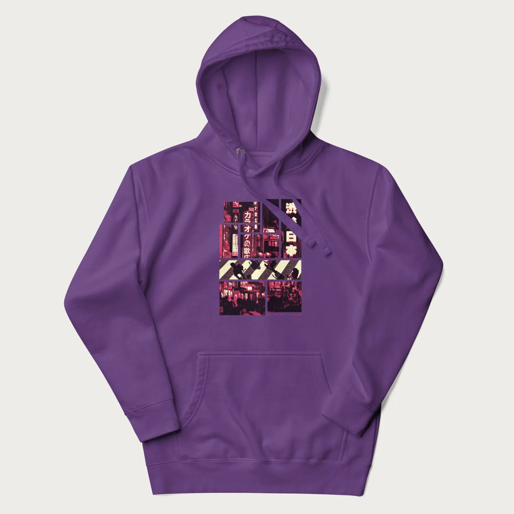 Purple hoodie with Japanese graphic panels of Shibuya Crossing, Japanese text, and neon signs.