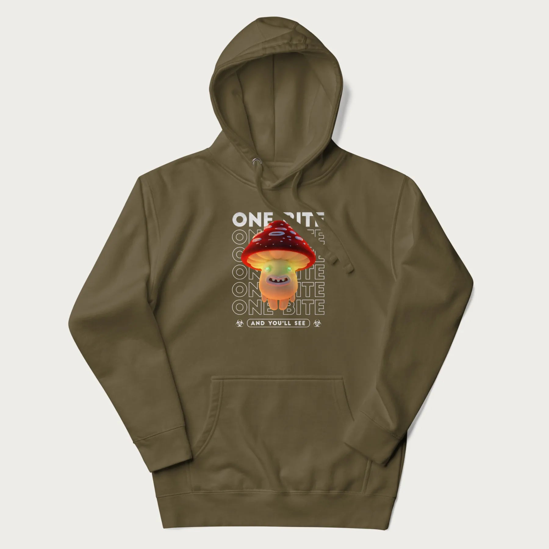 Military green hoodie with a graphic of a glowing, cartoon realistic mushroom character and the text 'One Bite And You'll See'.