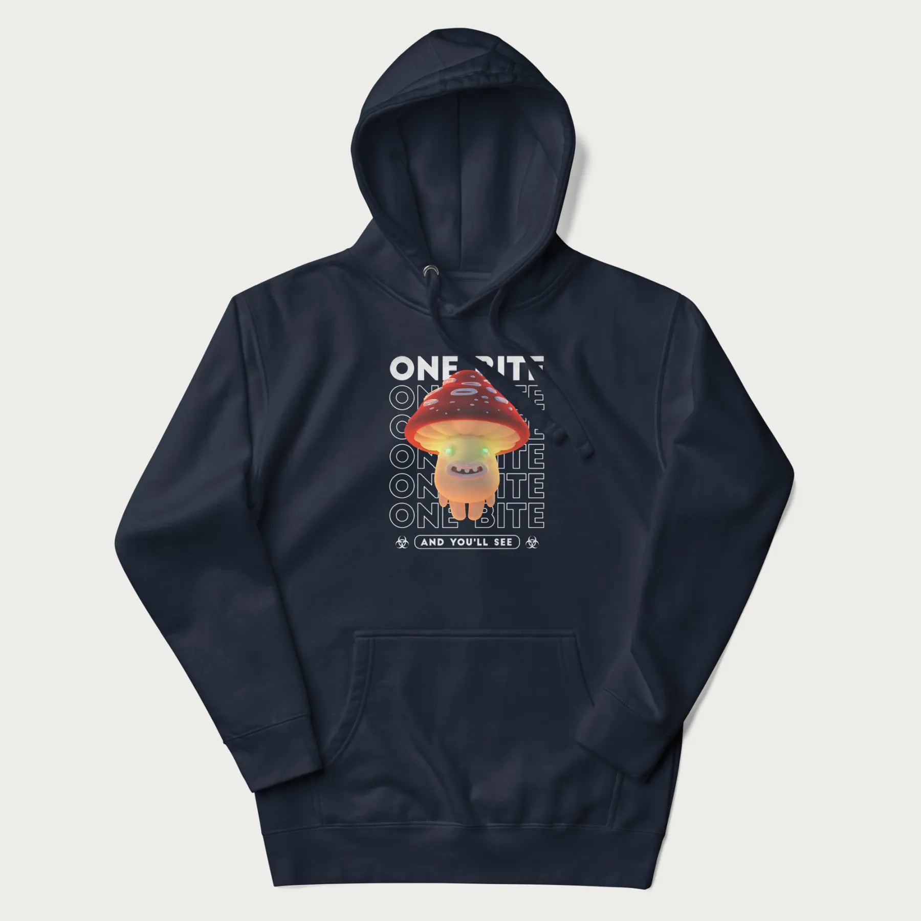 Navy blue hoodie with a graphic of a glowing, cartoon realistic mushroom character and the text 'One Bite And You'll See'.