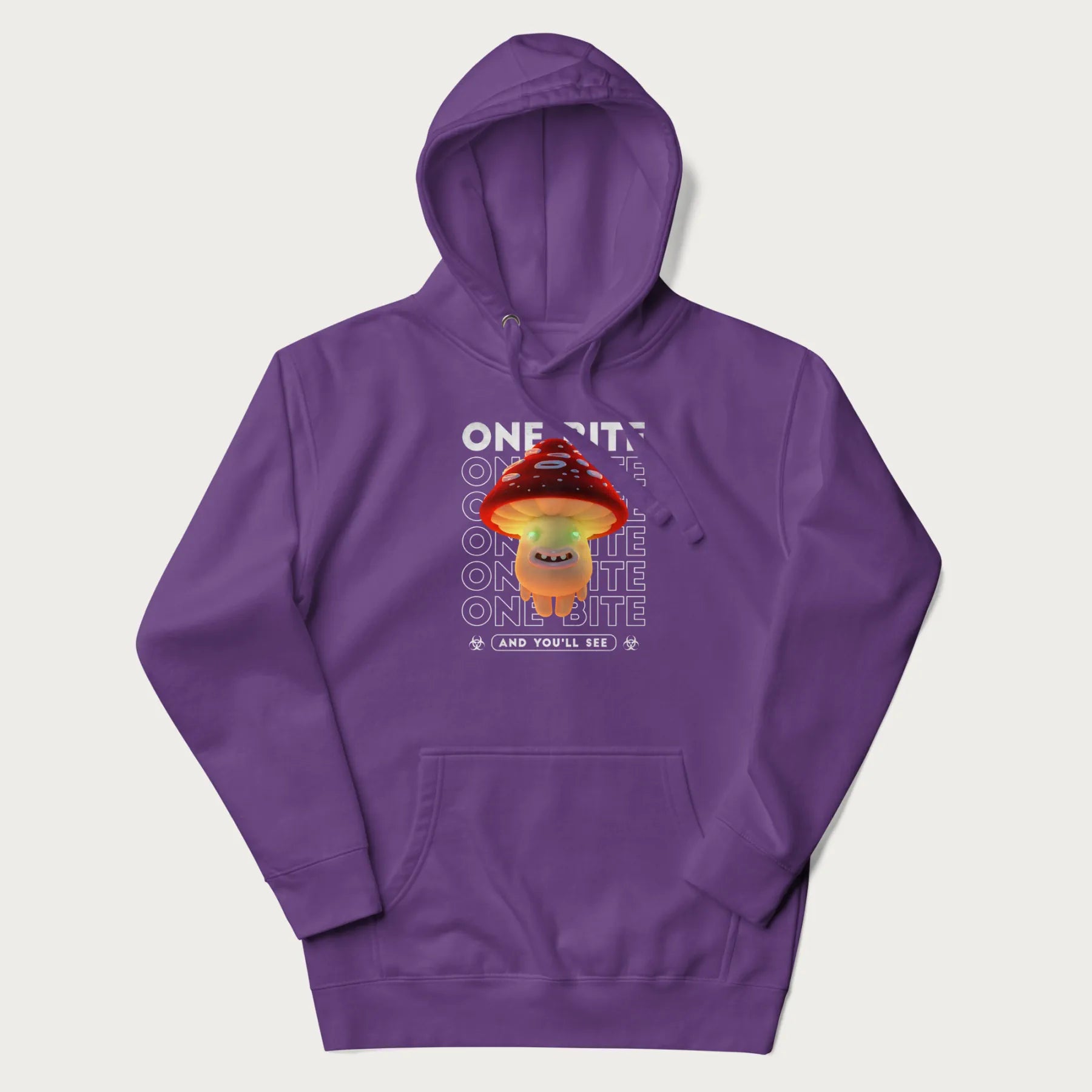 Purple hoodie with a graphic of a glowing, cartoon realistic mushroom character and the text 'One Bite And You'll See'.