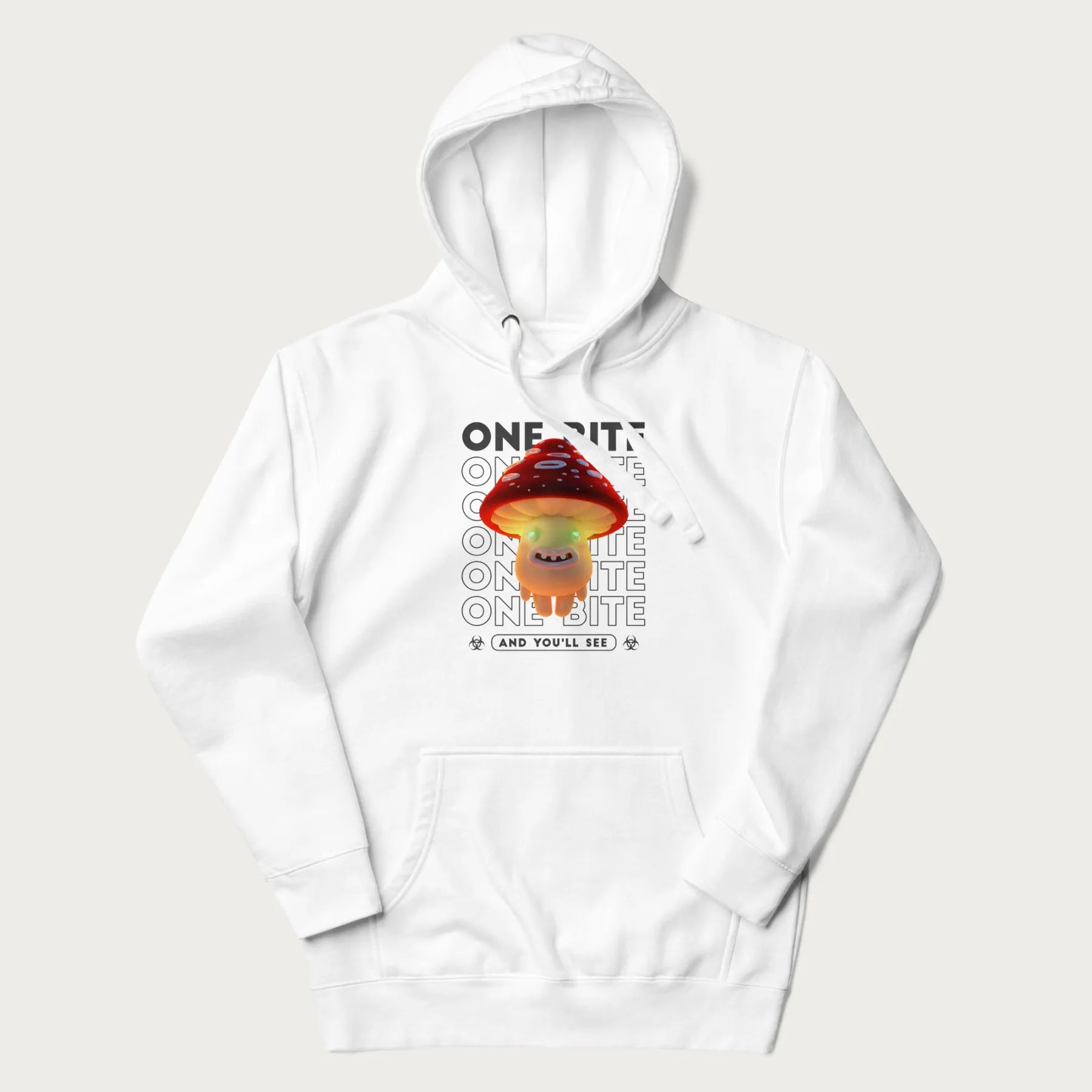 White hoodie with a graphic of a glowing, cartoon realistic mushroom character and the text 'One Bite And You'll See'.