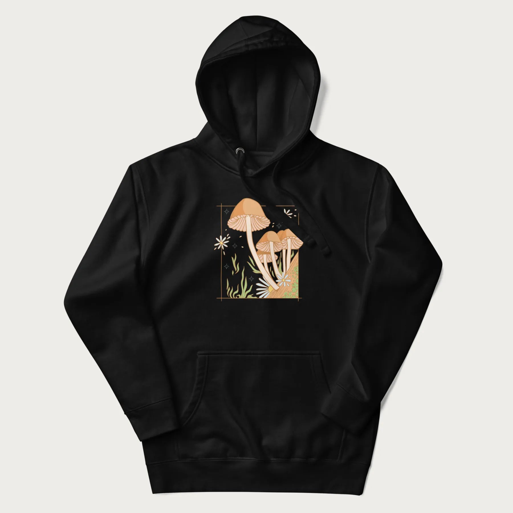 Black hoodie with a detailed cottagecore illustration of Psilocybe mushrooms and flowers.