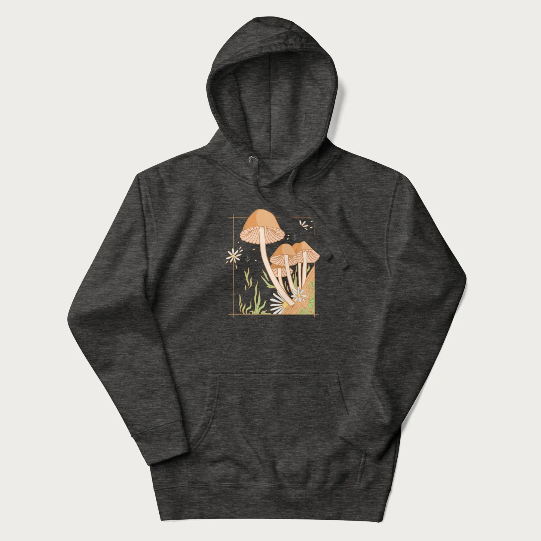 Dark grey hoodie with a detailed cottagecore illustration of Psilocybe mushrooms and flowers.