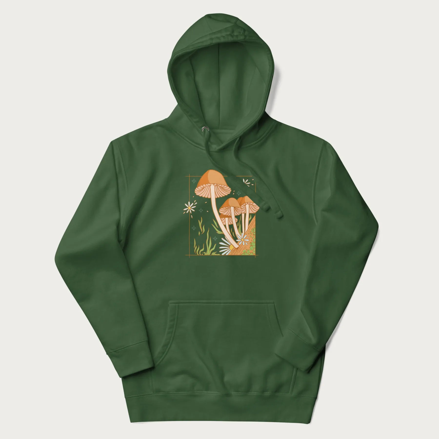 Forest green hoodie with a detailed cottagecore illustration of Psilocybe mushrooms and flowers.
