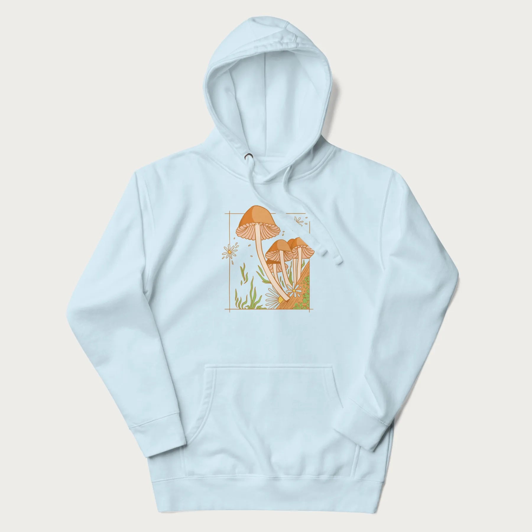 Light blue hoodie with a detailed cottagecore illustration of Psilocybe mushrooms and flowers.