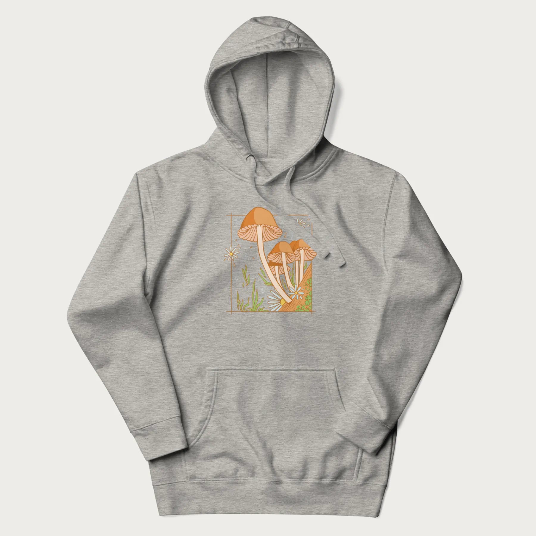 Light grey hoodie with a detailed cottagecore illustration of Psilocybe mushrooms and flowers.