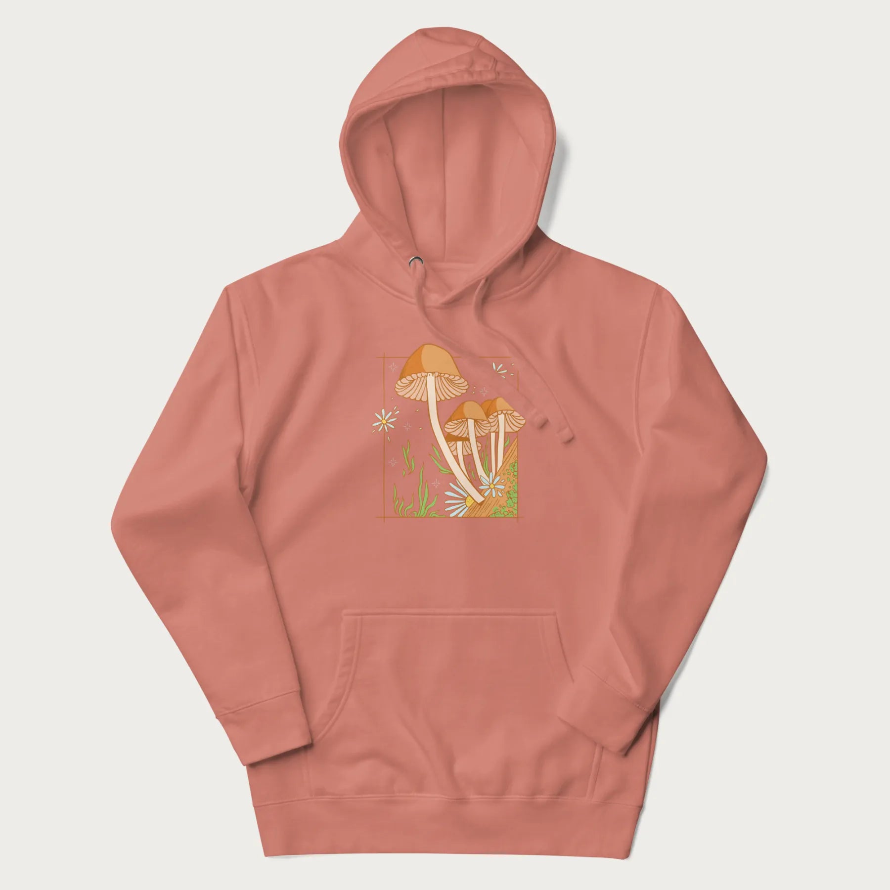 Light pink hoodie with a detailed cottagecore illustration of Psilocybe mushrooms and flowers.