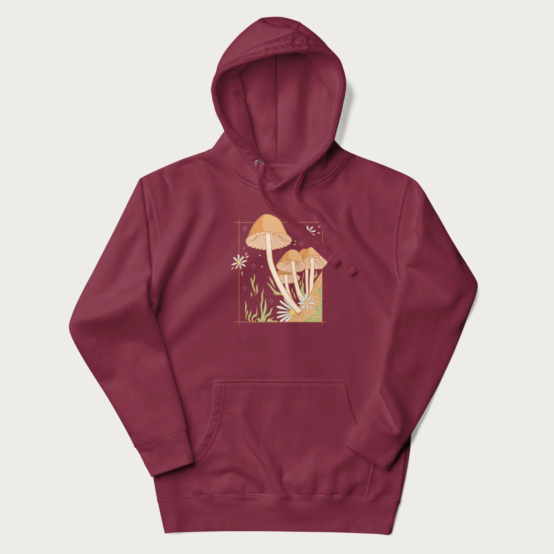 Maroon hoodie with a detailed cottagecore illustration of Psilocybe mushrooms and flowers.