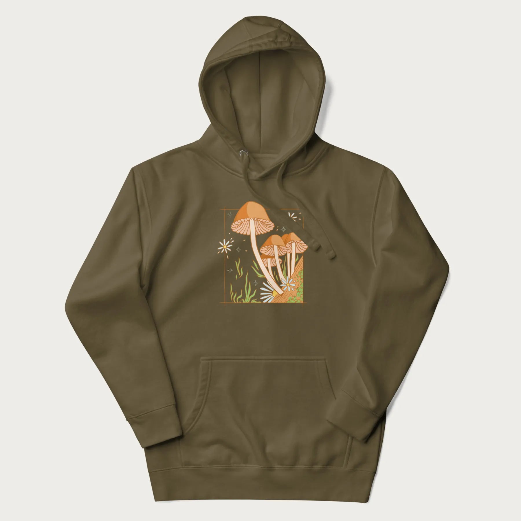 Military green hoodie with a detailed cottagecore illustration of Psilocybe mushrooms and flowers.