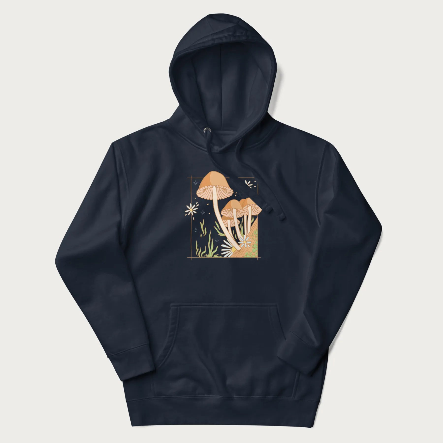 Navy blue hoodie with a detailed cottagecore illustration of Psilocybe mushrooms and flowers.
