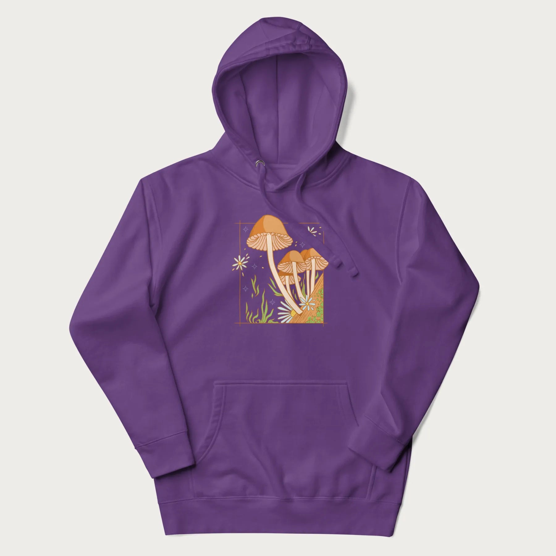 Purple hoodie with a detailed cottagecore illustration of Psilocybe mushrooms and flowers.