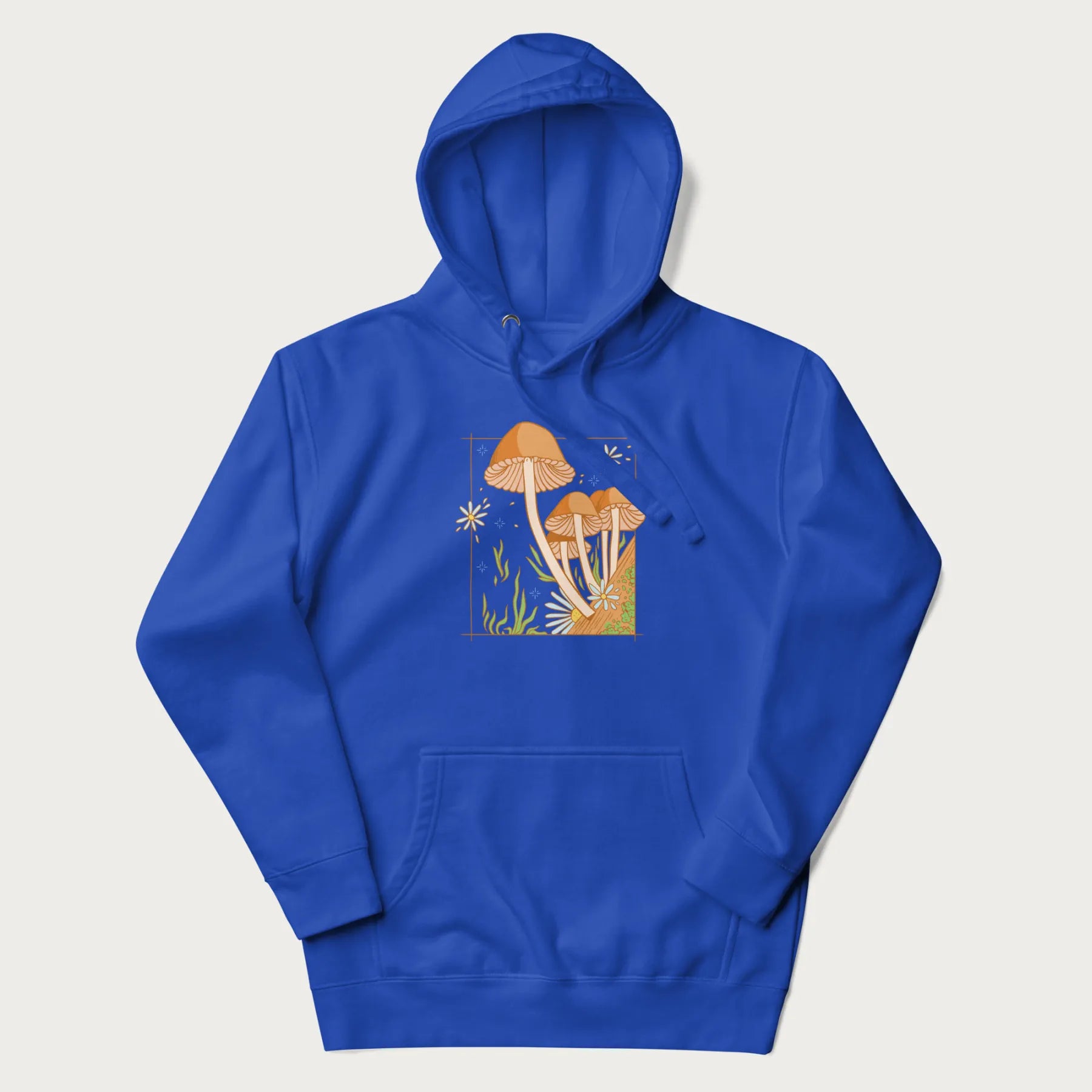 Royal blue hoodie with a detailed cottagecore illustration of Psilocybe mushrooms and flowers.