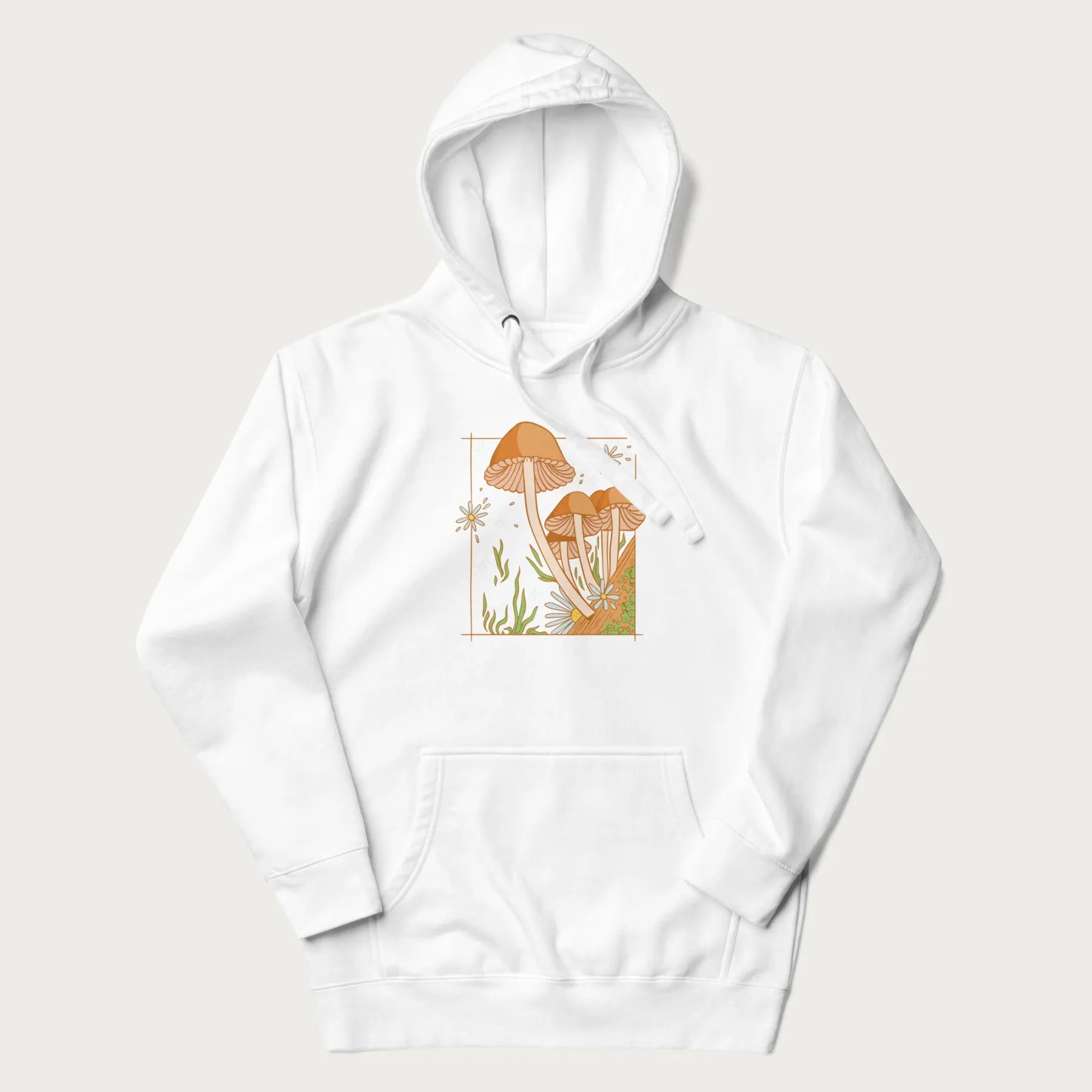 White hoodie with a detailed cottagecore illustration of Psilocybe mushrooms and flowers.