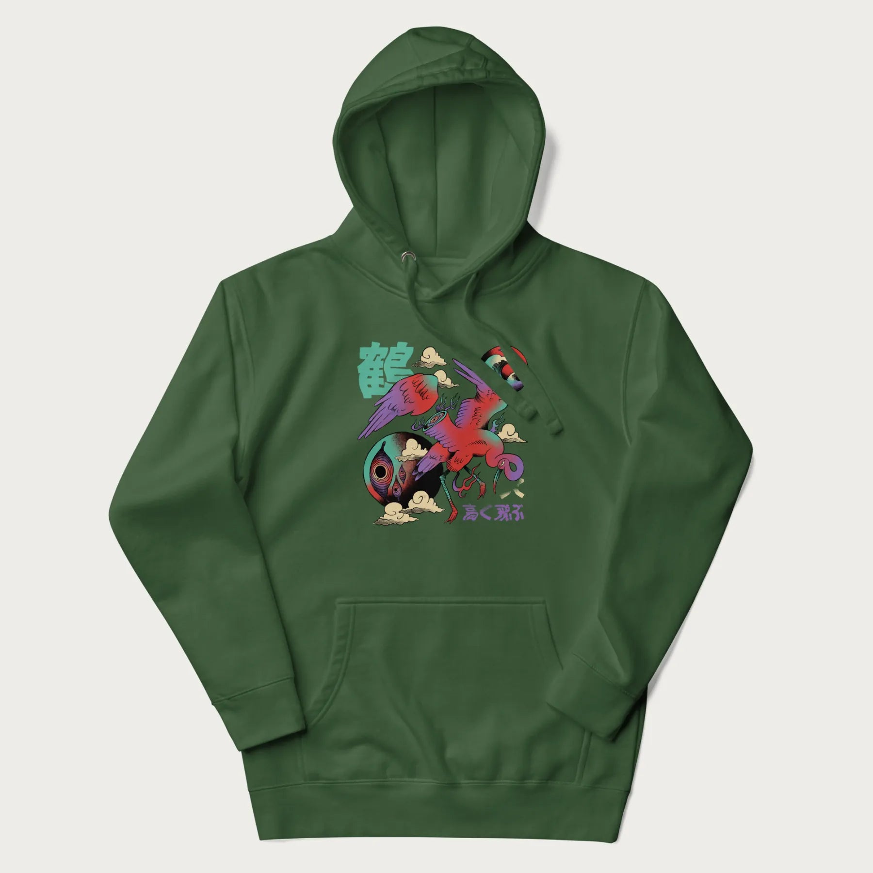 Forest green hoodie with Japanese crane graphic in vibrant colors and Japanese text '鶴' (Crane) and '高く飛ぶ' (Fly High).