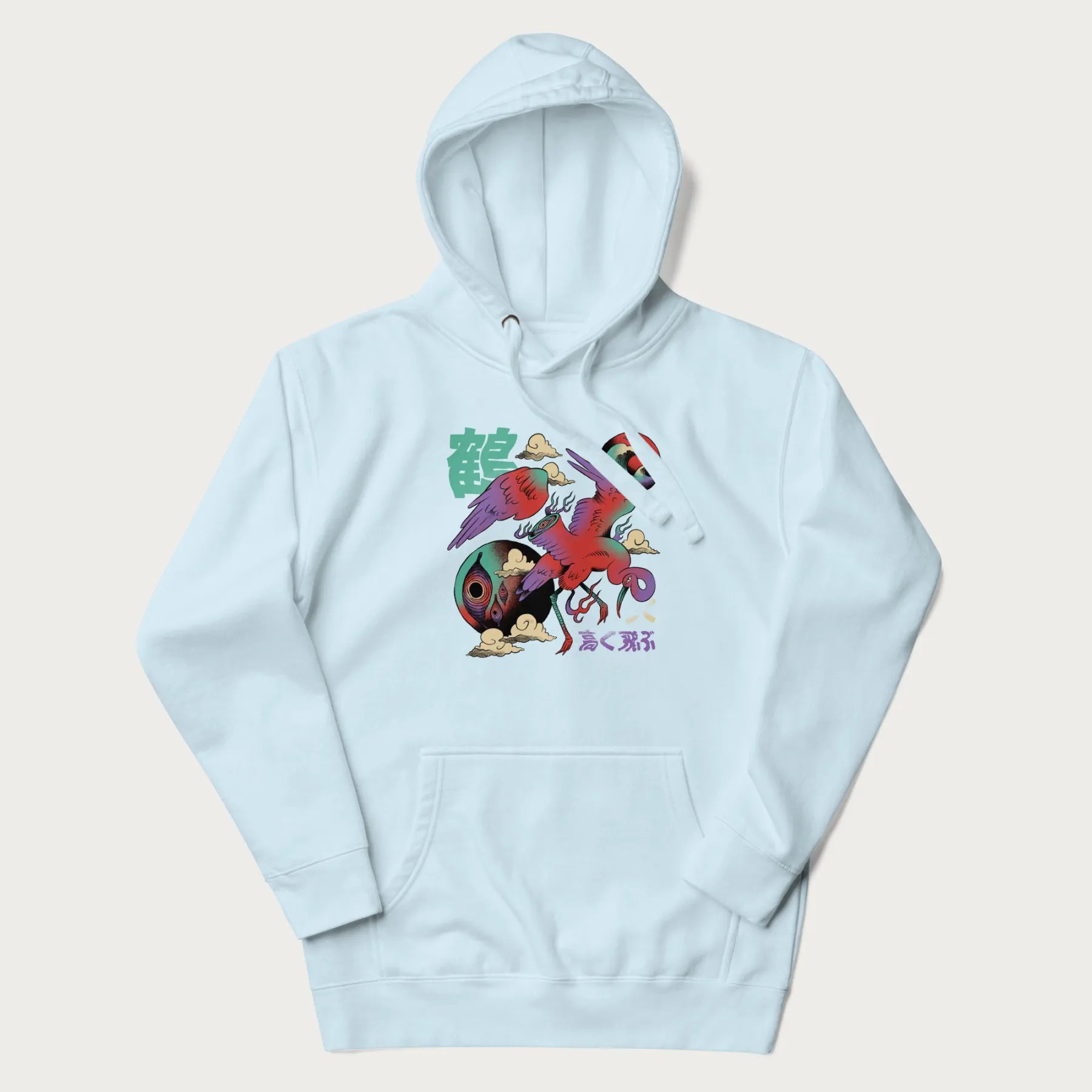 Light blue hoodie with Japanese crane graphic in vibrant colors and Japanese text '鶴' (Crane) and '高く飛ぶ' (Fly High).