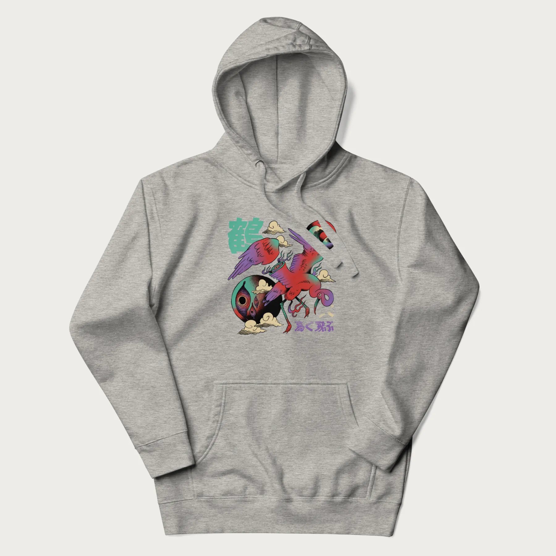 Light grey hoodie with Japanese crane graphic in vibrant colors and Japanese text '鶴' (Crane) and '高く飛ぶ' (Fly High).
